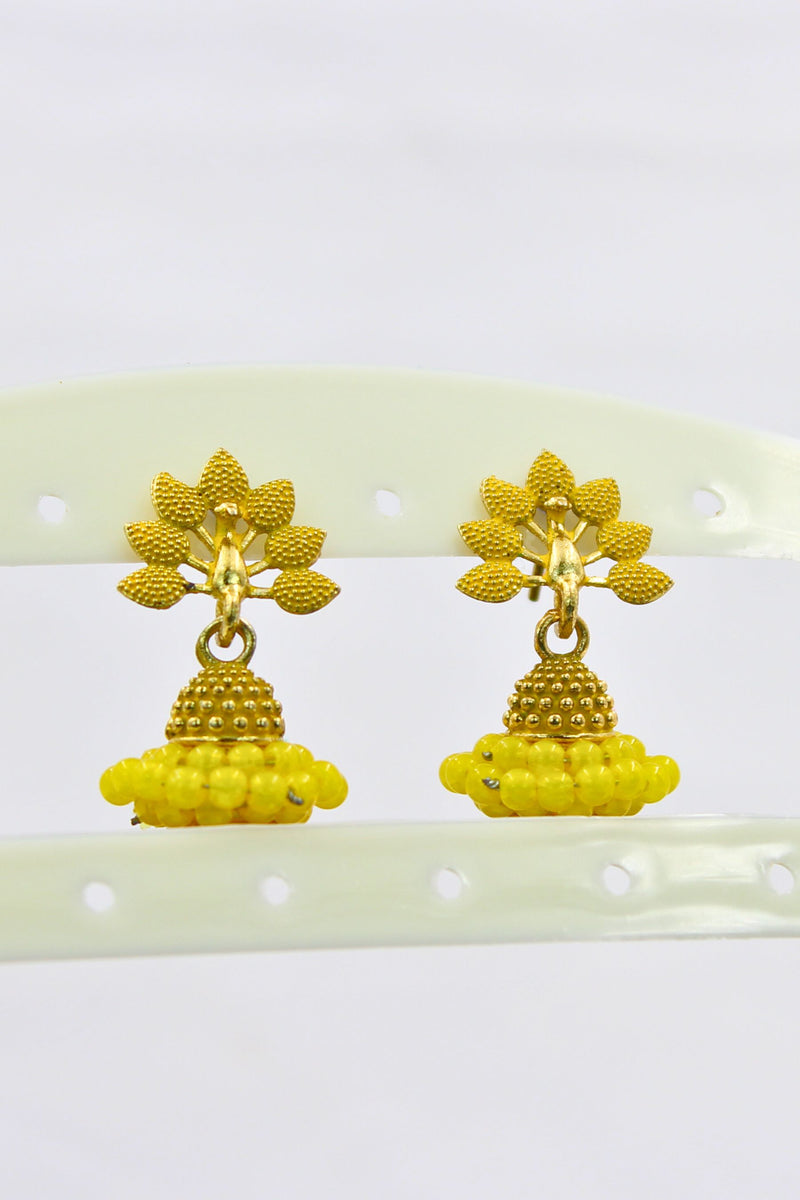 Gold-Plated Oxidised Jhumka Earrings with Faux Pearls & Meenakari Accent