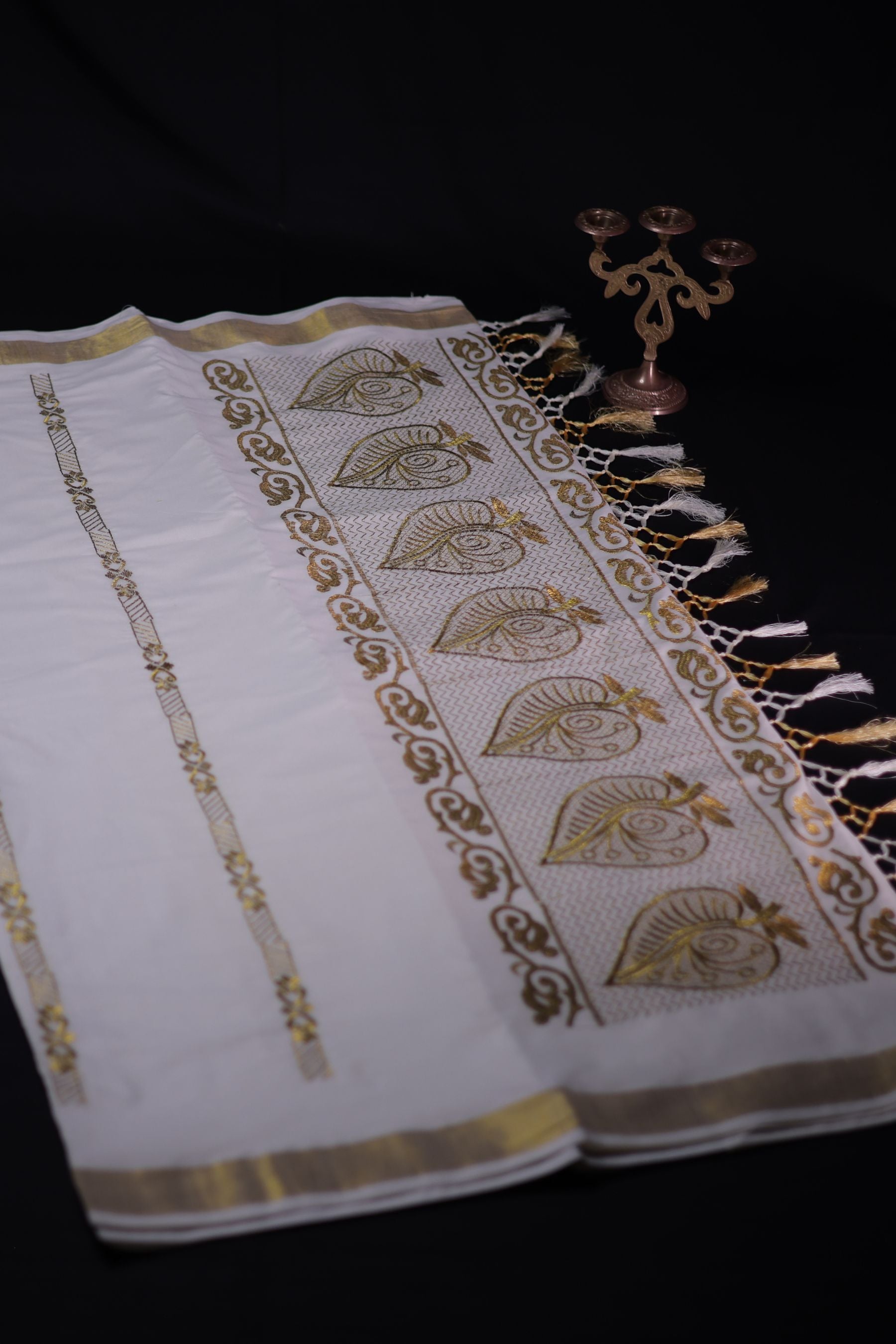 Premium Kerala Cotton Saree with Embroidery and Copper Zari Border Saree JCS Fashions white 6.25mtr