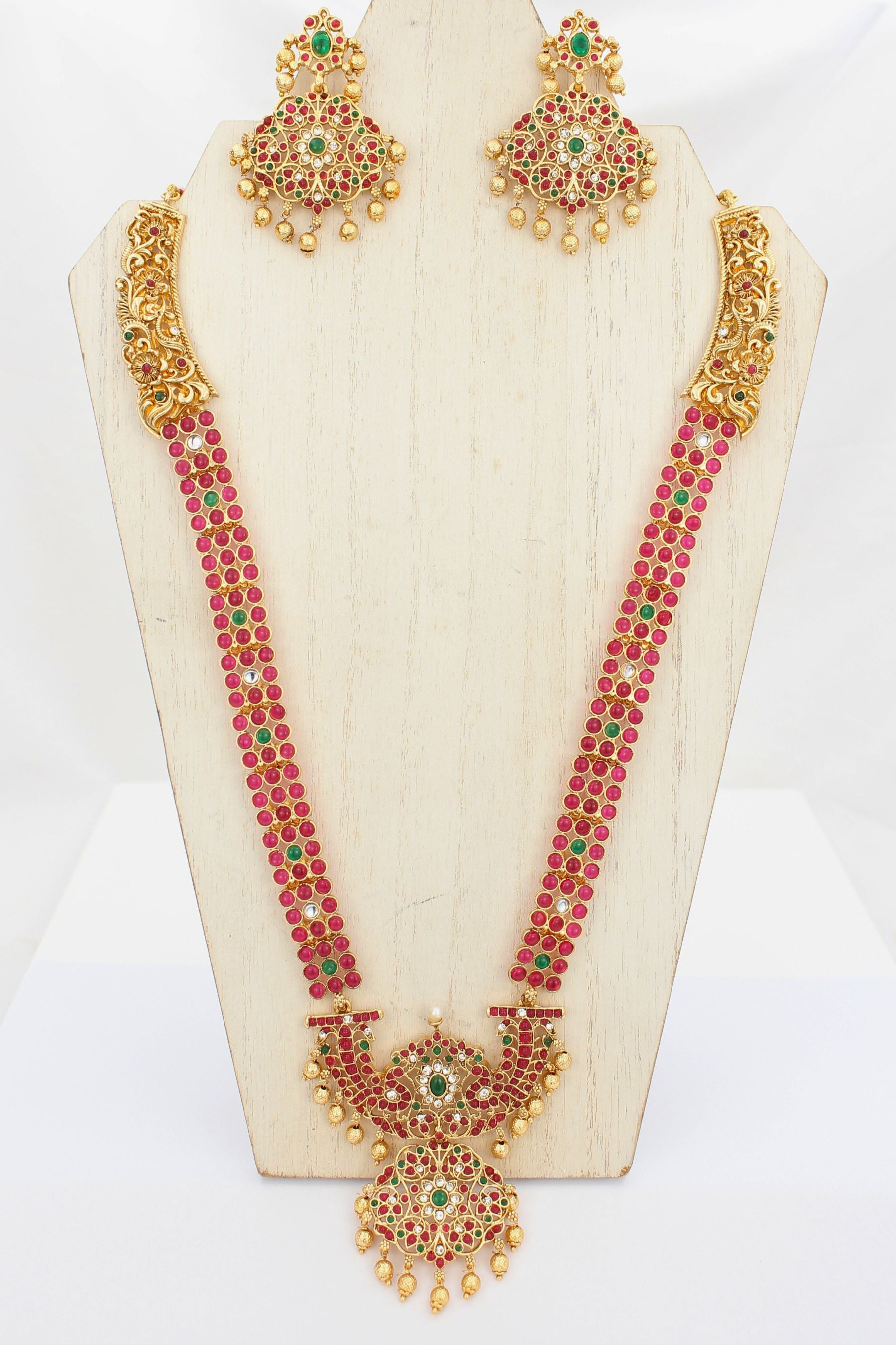 Regal Gold-Plated Kemp Mala Necklace & Earring Set by JCS Fashions Jewelry JCS Fashions Pink & Green 12 inch