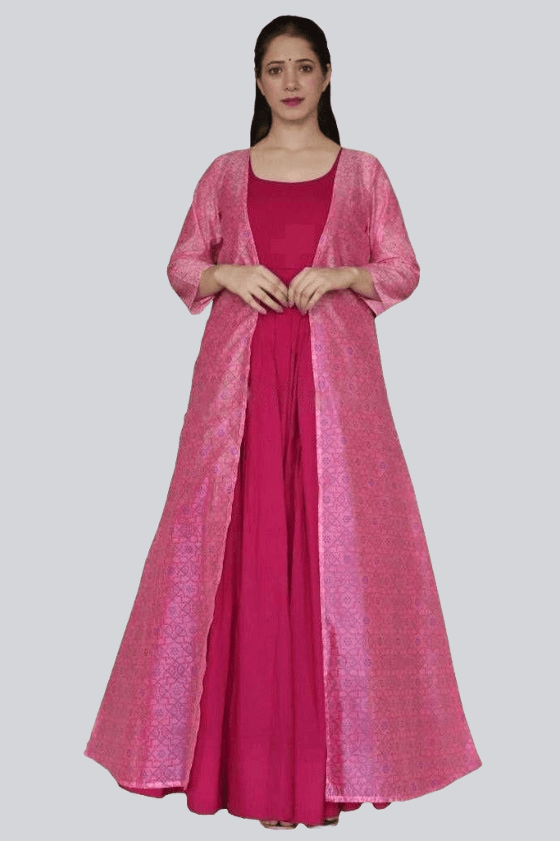 Pure Chanderi and Maslin Gown Set with Digital Print - JCSFashions Kurti JCS Fashions Pink Medium (38)