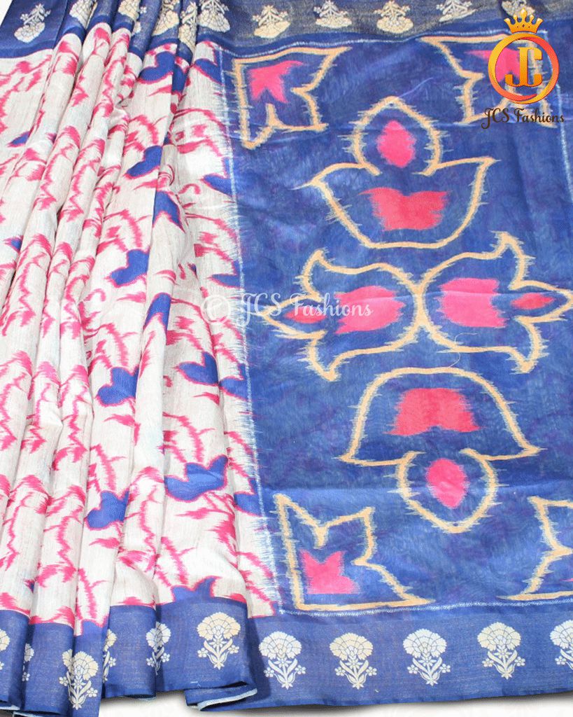 Chanderi Silk Saree with Pochampally ikkat Design. Soft and Light weight. SAREE JCS Fashions White + Blue 5.5 meters