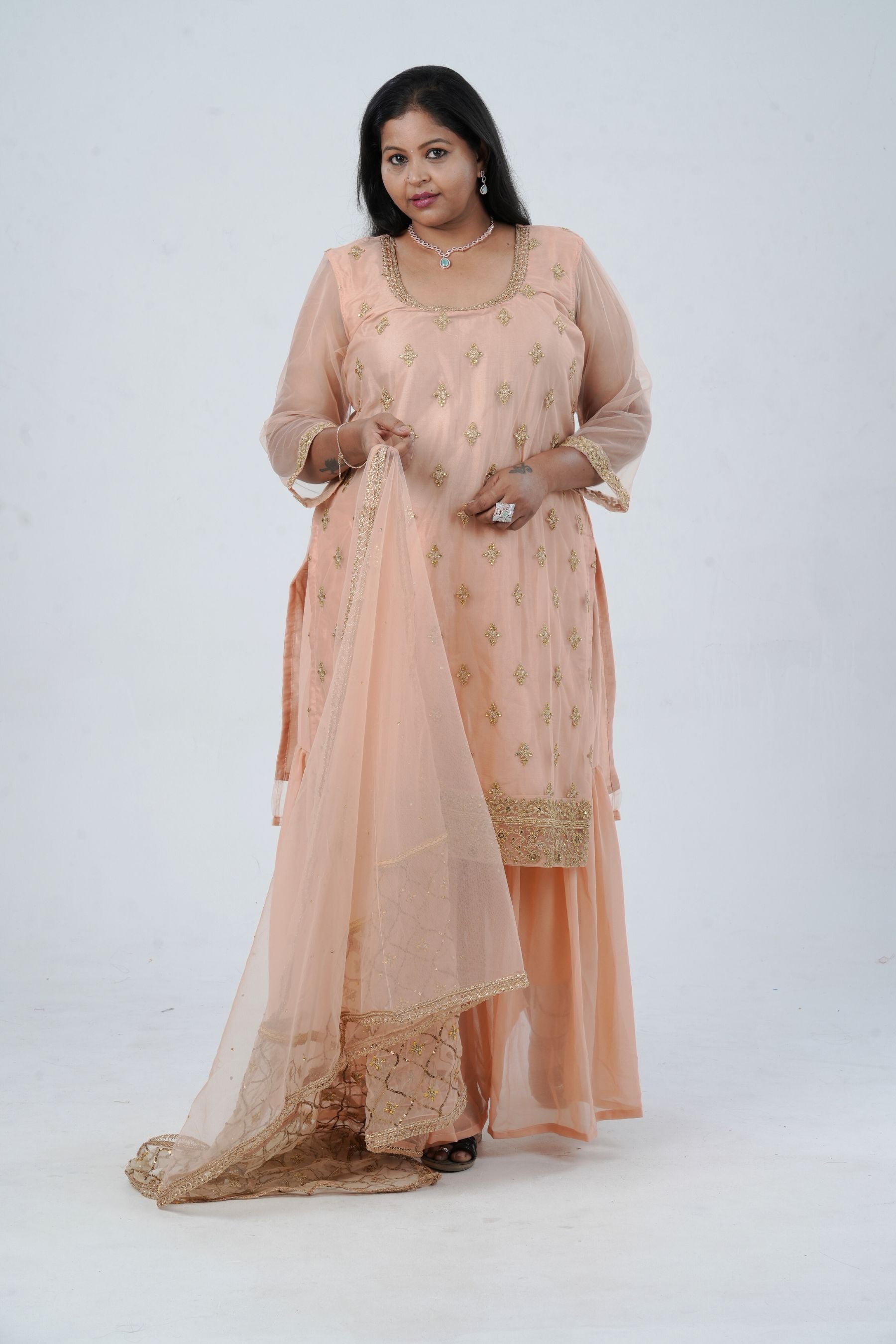 Plus Size: Ethnic Elegance: Soft Net Sharara in Peach KURTI JCS Fashions