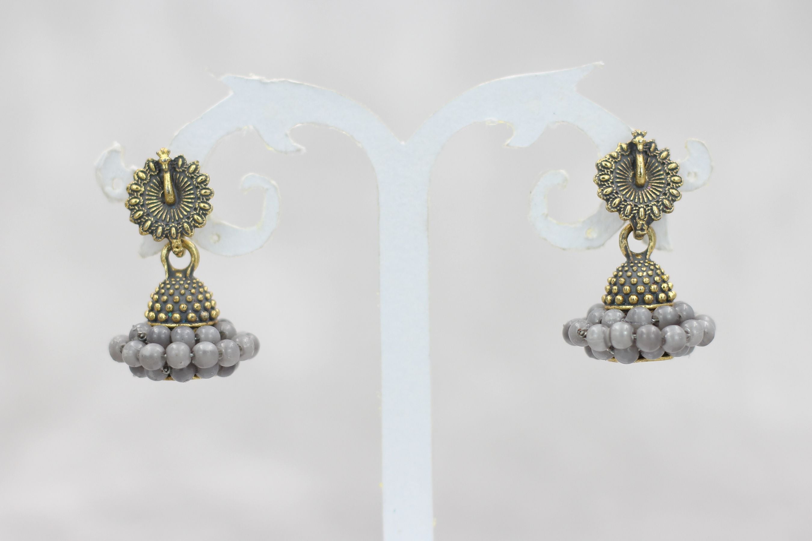 Regal Gold-Plated Oxidized Jhumka Earrings with Pearls - Ethnic Glamour Jewelry JCS Fashions Grey 1 inch