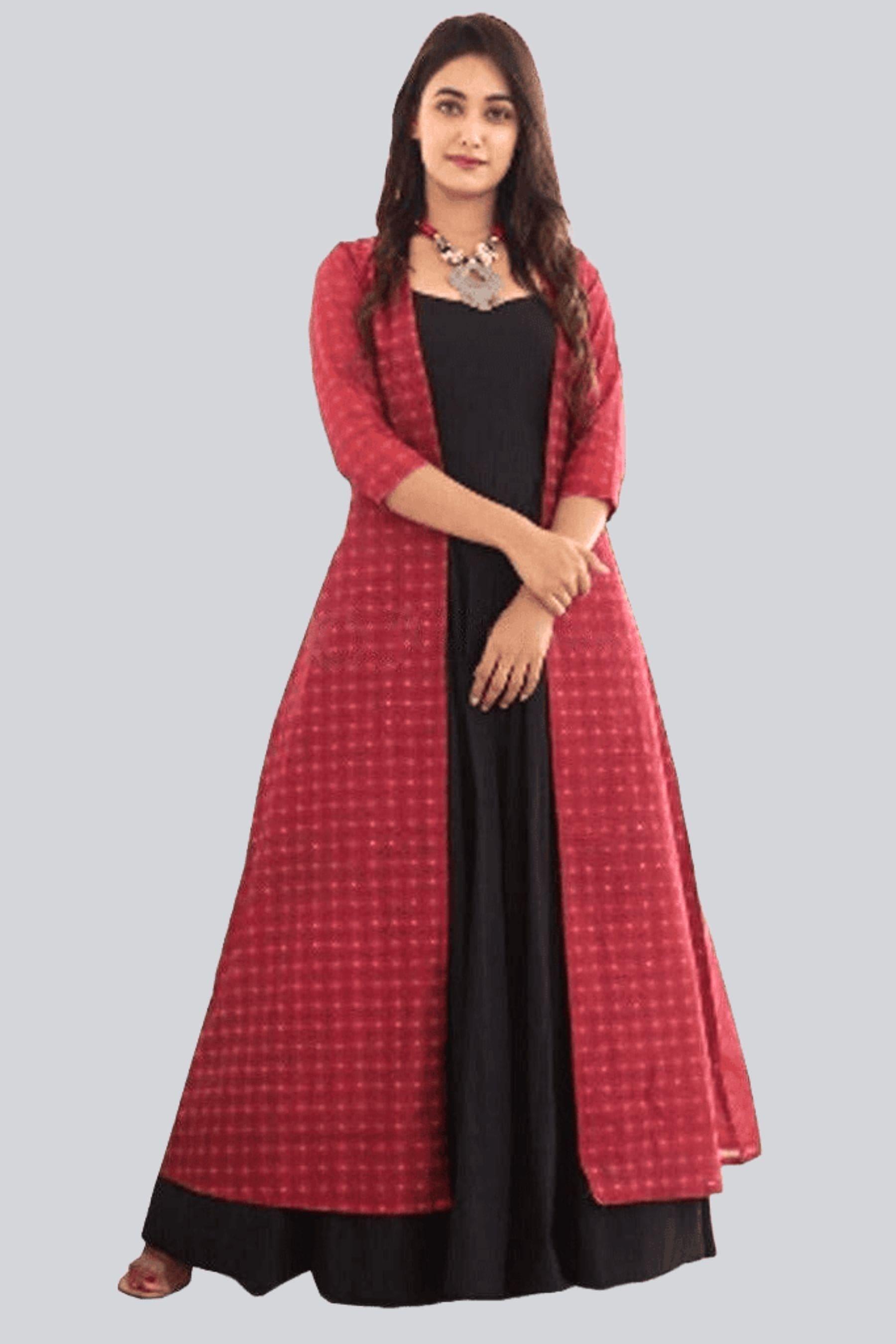 Pure Chanderi and Maslin Gown Set with Digital Print - JCSFashions Kurti JCS Fashions Black & Red Medium (38)