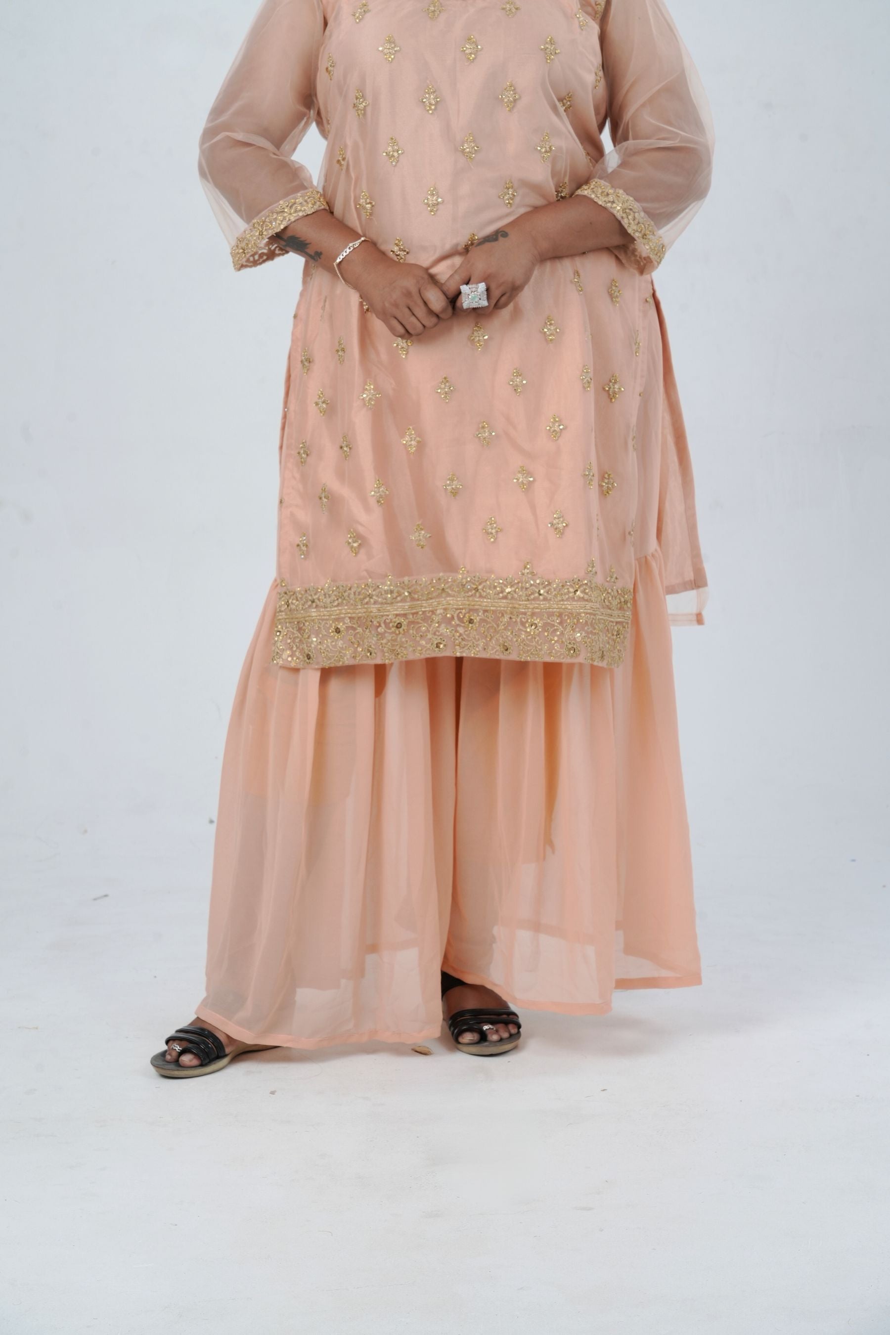 Plus Size: Ethnic Elegance: Soft Net Sharara in Peach KURTI JCS Fashions