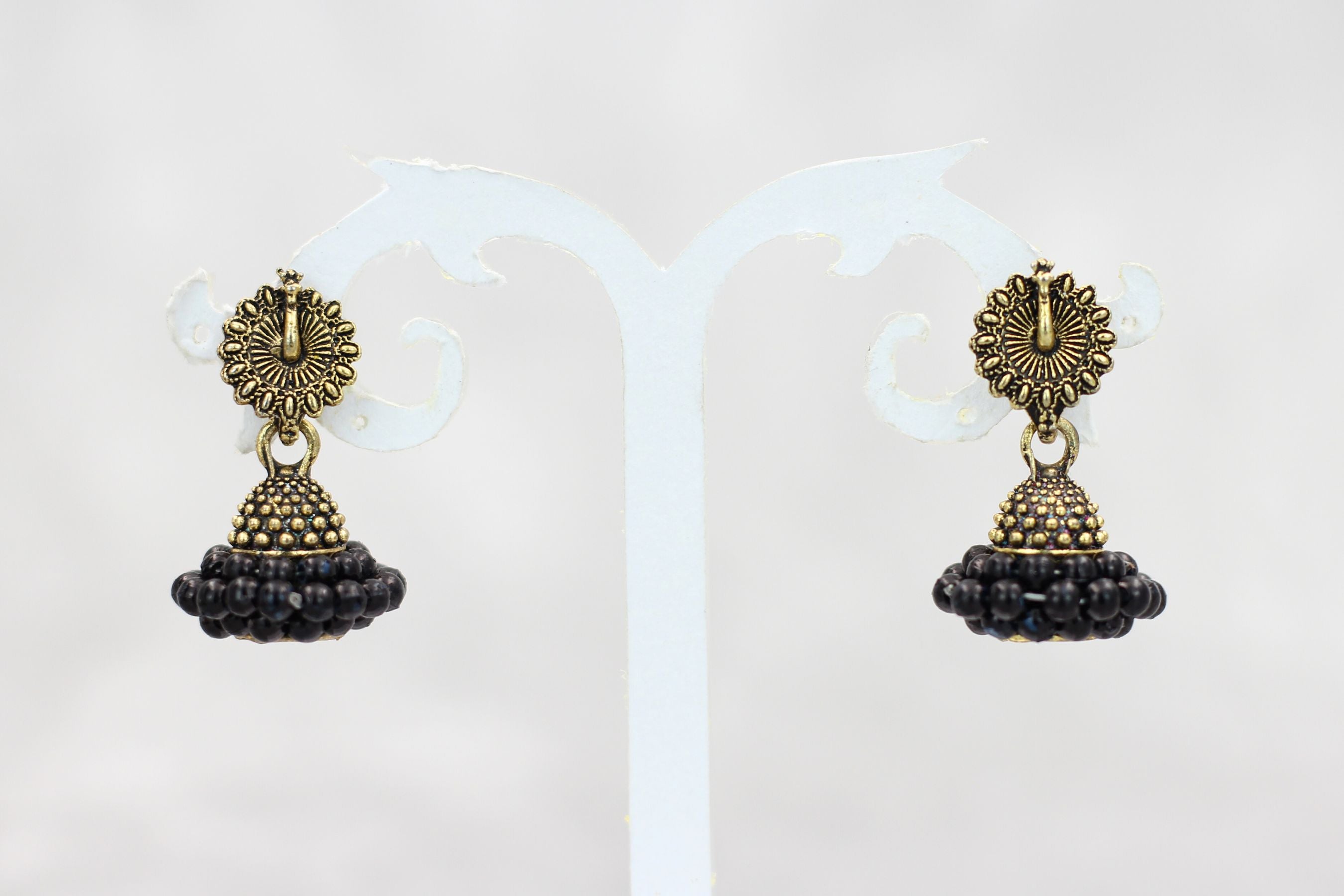 Regal Gold-Plated Oxidized Jhumka Earrings with Pearls - Ethnic Glamour Jewelry JCS Fashions Black 1 inch