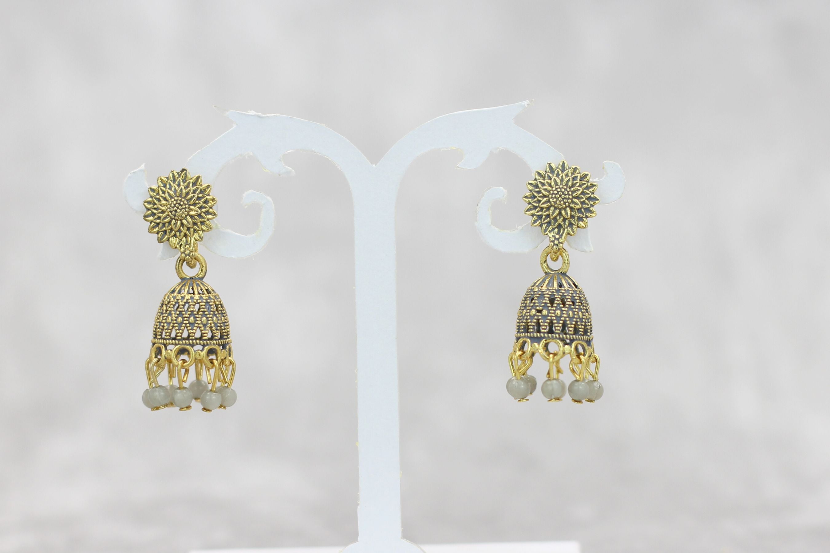 Opulent Gold Plated Jhumkas with Pearls - Durable & Elegant Earrings Jewelry JCS Fashions Grey 1.3 inch