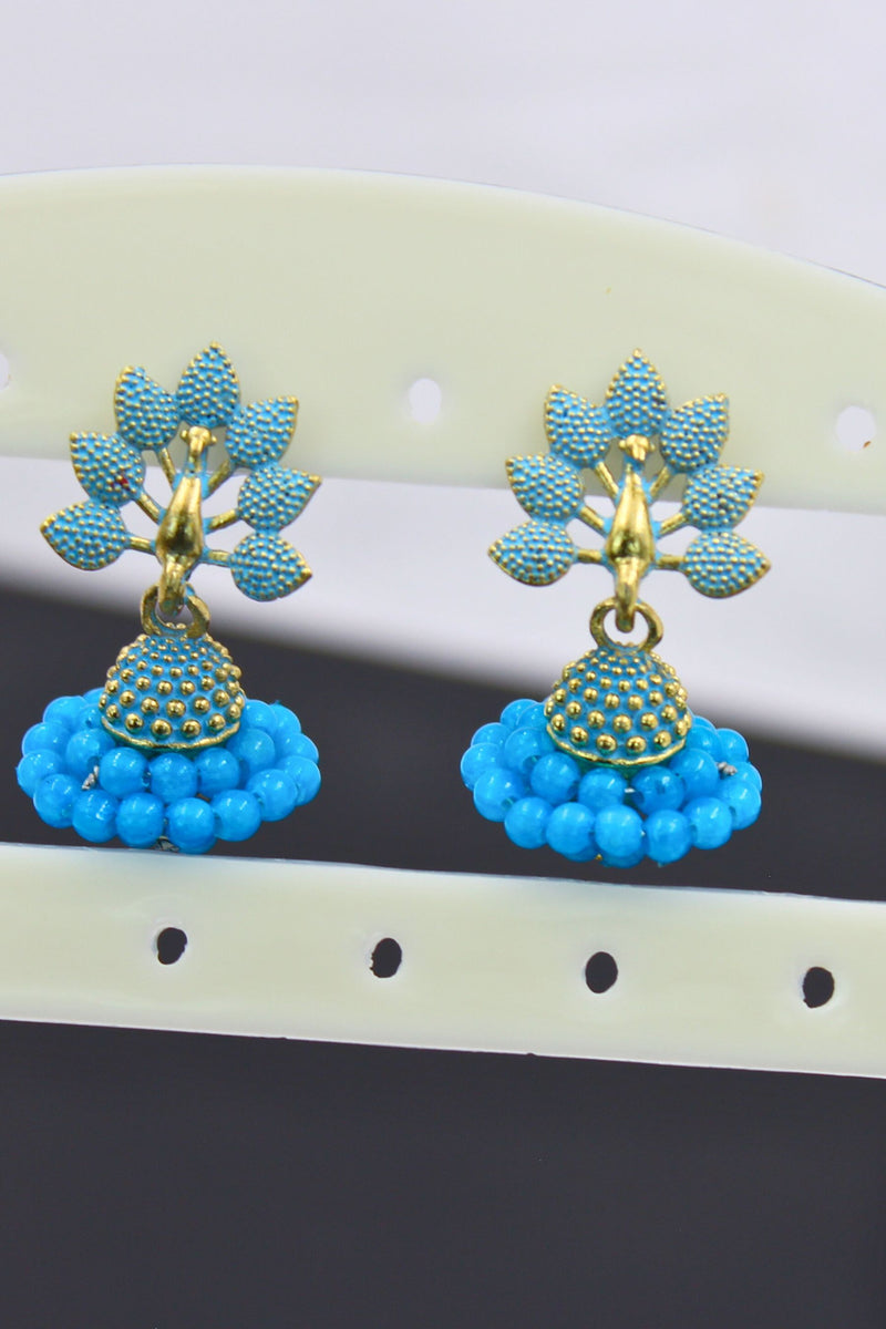 Gold-Plated Oxidised Jhumka Earrings with Faux Pearls & Meenakari Accent