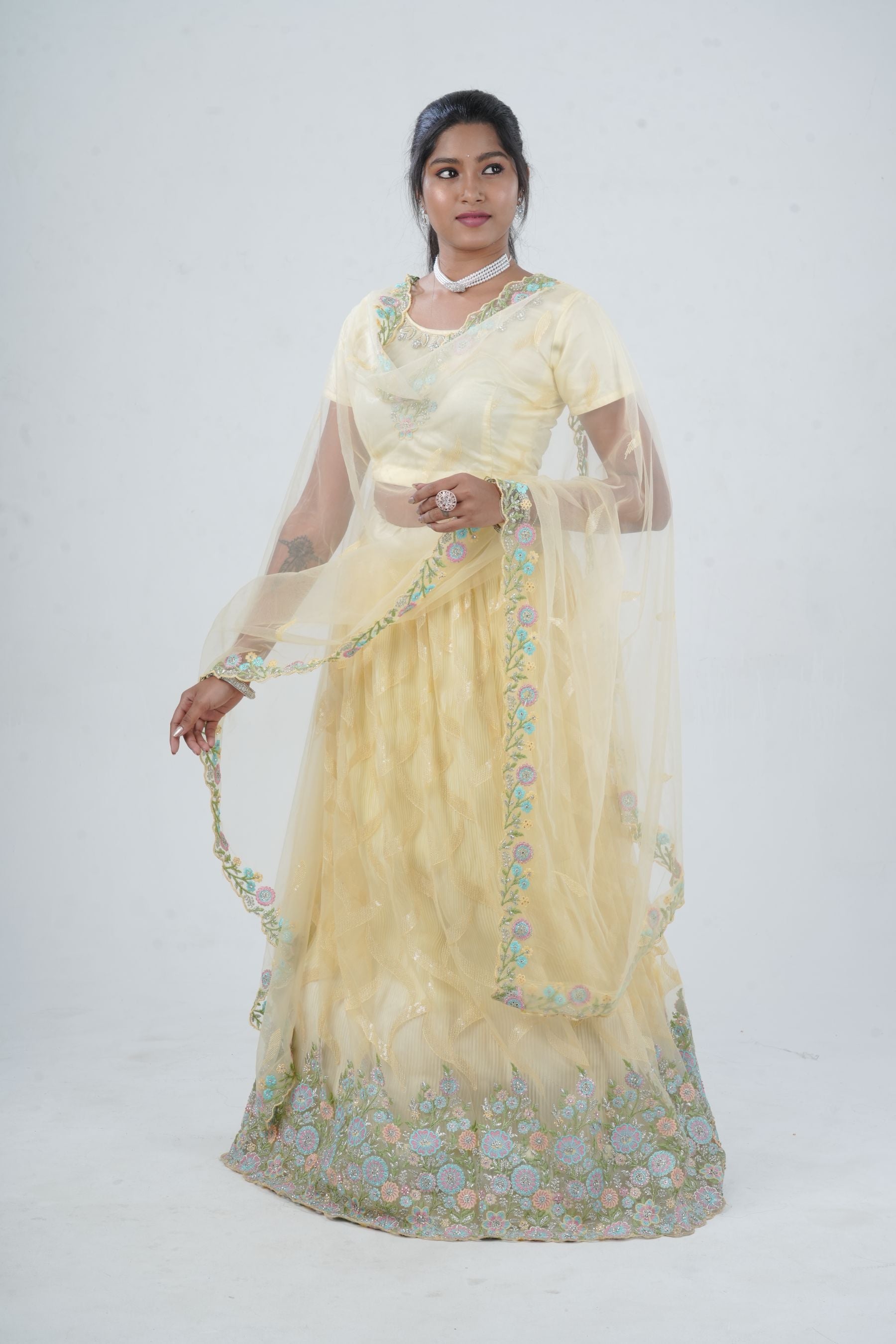 Designer Soft Net Lehenga & Crop Top With Stone and Sequins Work LEHENGA JCS Fashions Yellow Large (40)