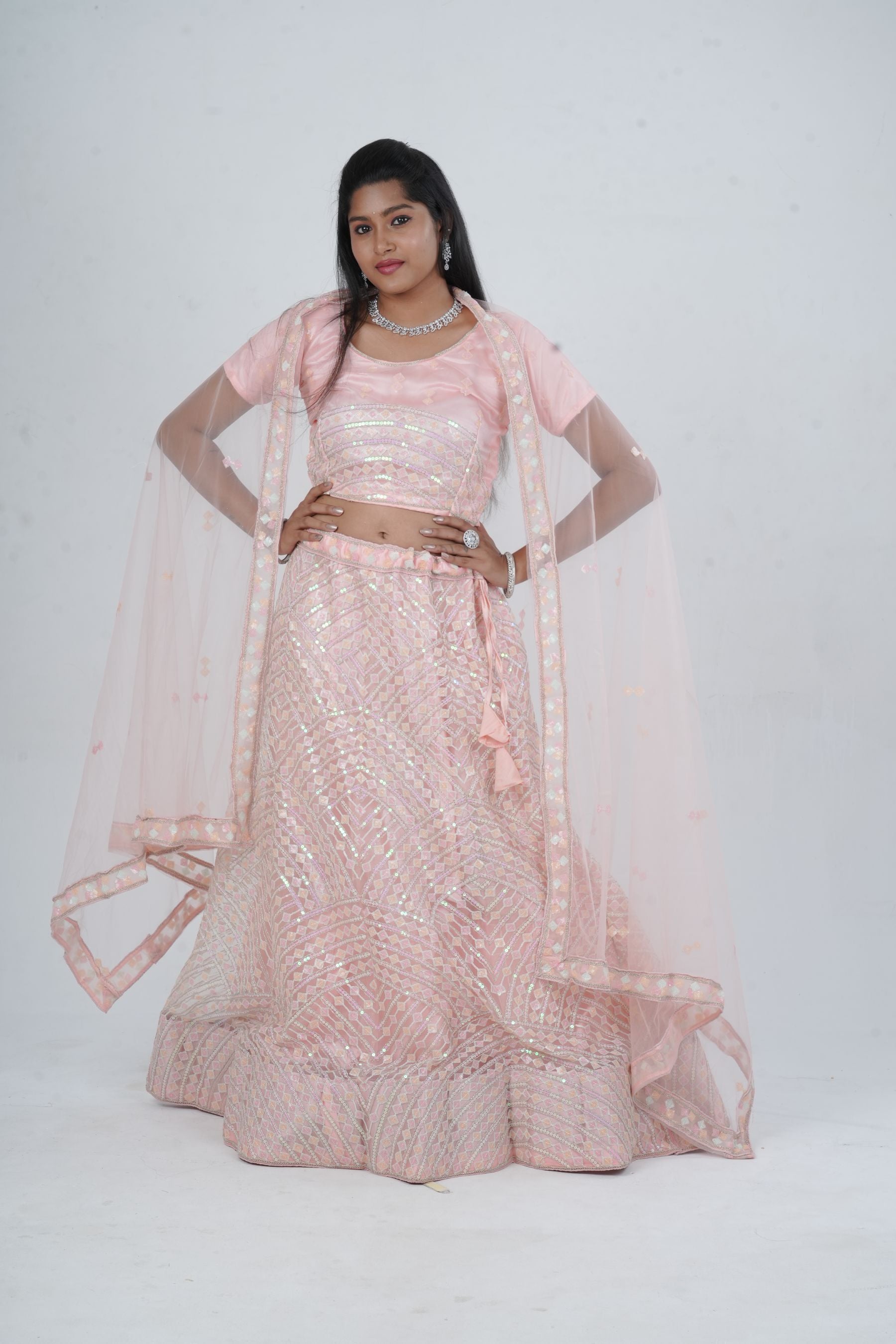 Designer A-line Lehenga with Sequin-Embellished Crop Top LEHENGA JCS Fashions Pink Large (40)