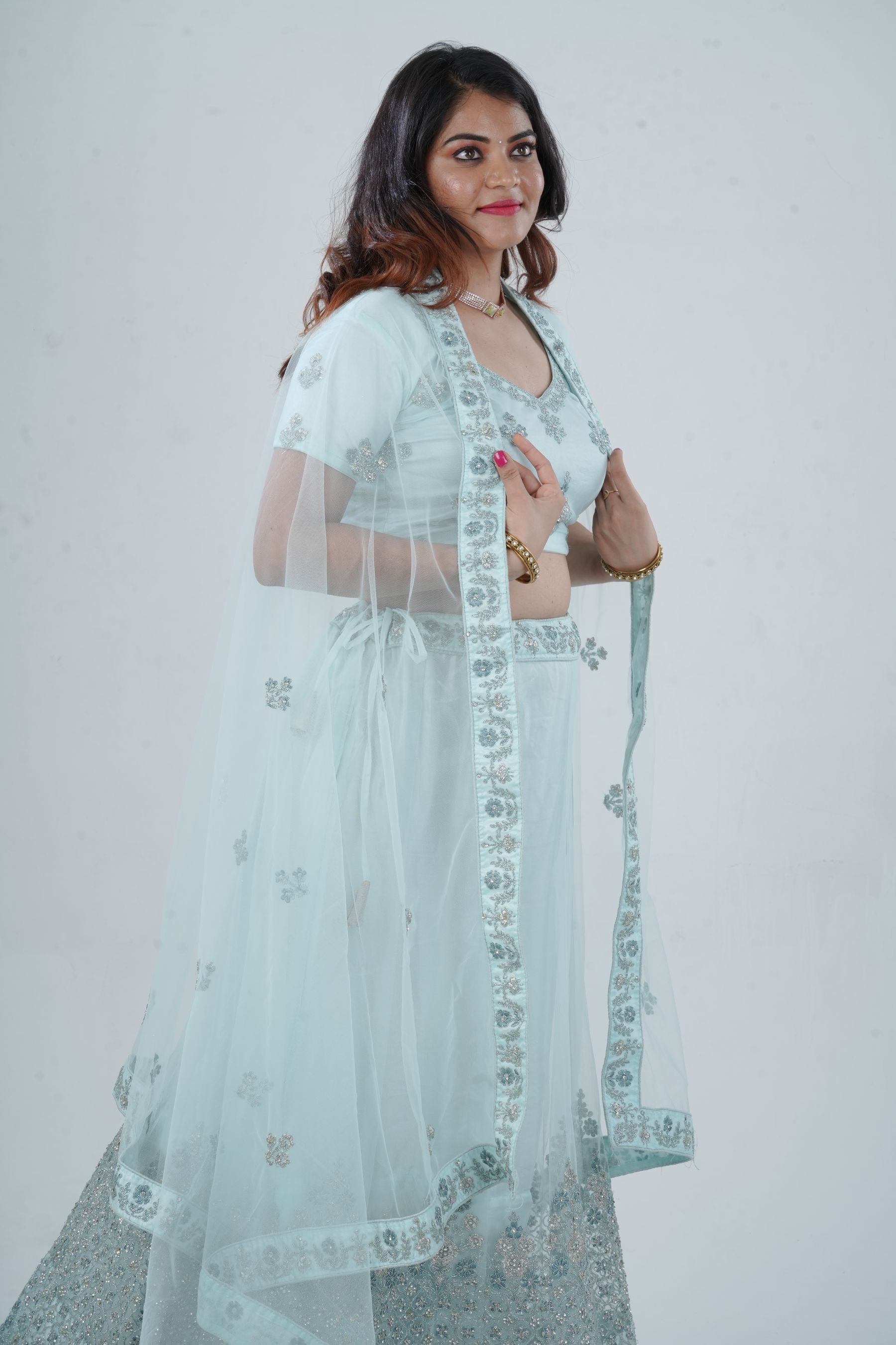 Designer Stone Work Lehenga & Crop Top Ensemble - Light Blue