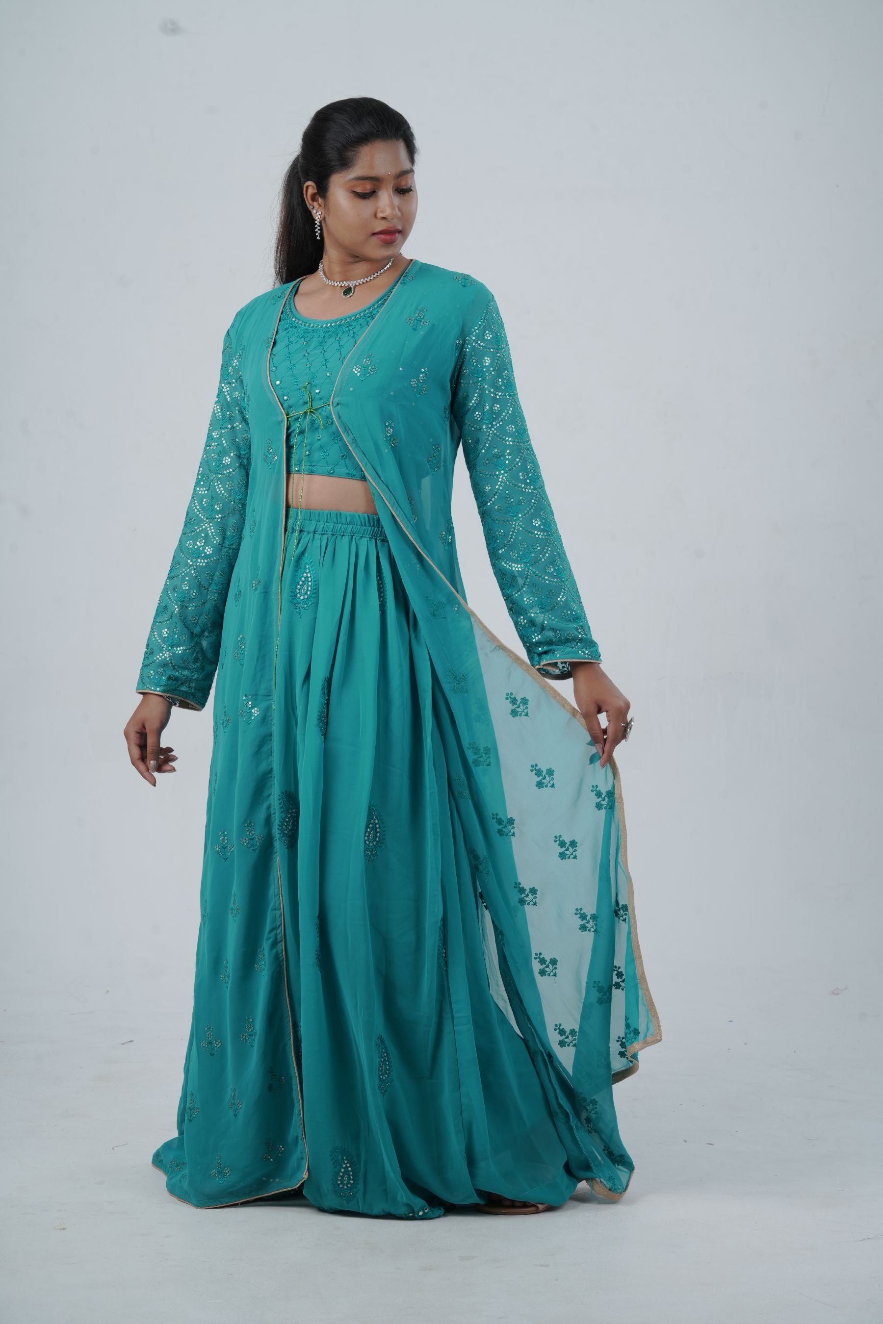 Exquisite Crop Top with Palazzo Pants With Matching Dupatta and Overcoat KURTI JCS Fashions Sea Green Medium (38)