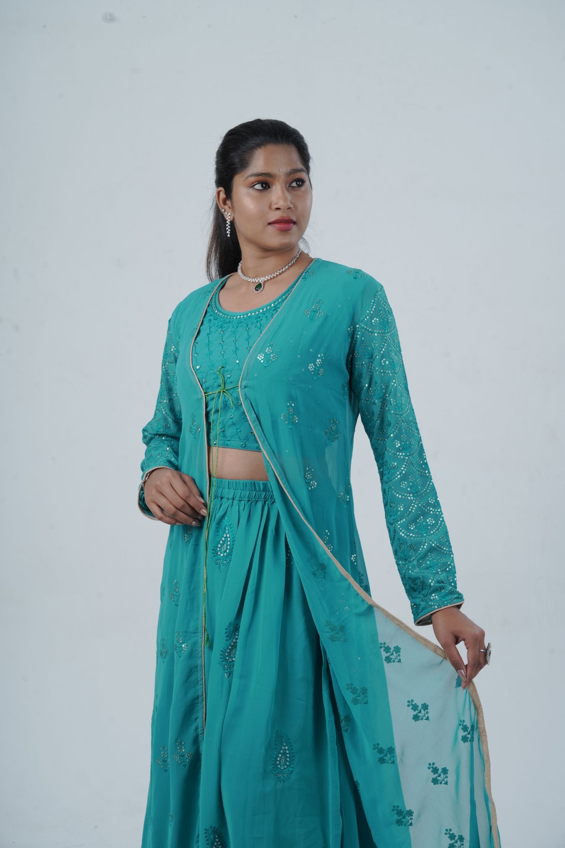 Exquisite Crop Top with Palazzo Pants With Matching Dupatta and Overcoat KURTI JCS Fashions