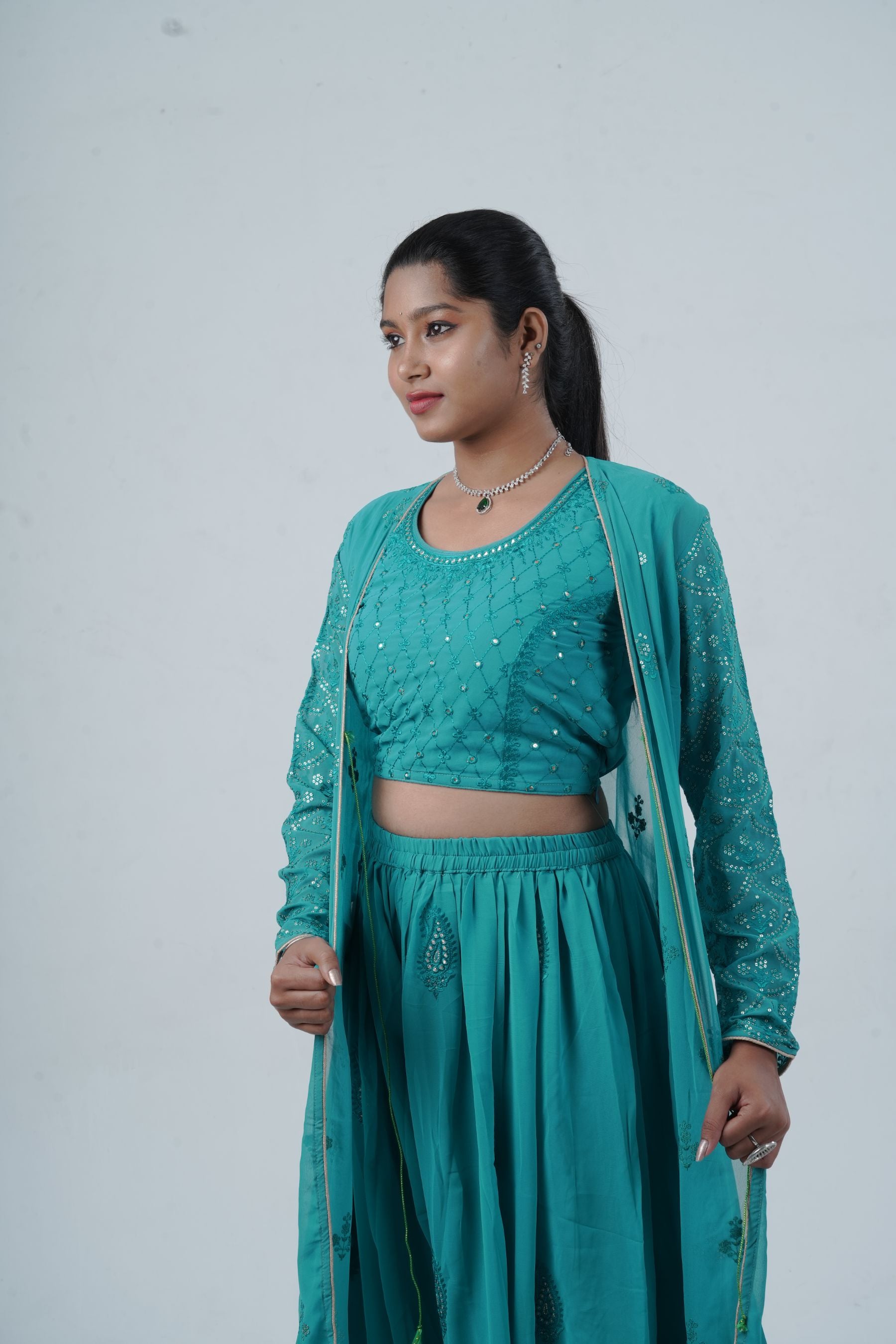 Exquisite Crop Top with Palazzo Pants With Matching Dupatta and Overcoat KURTI JCS Fashions