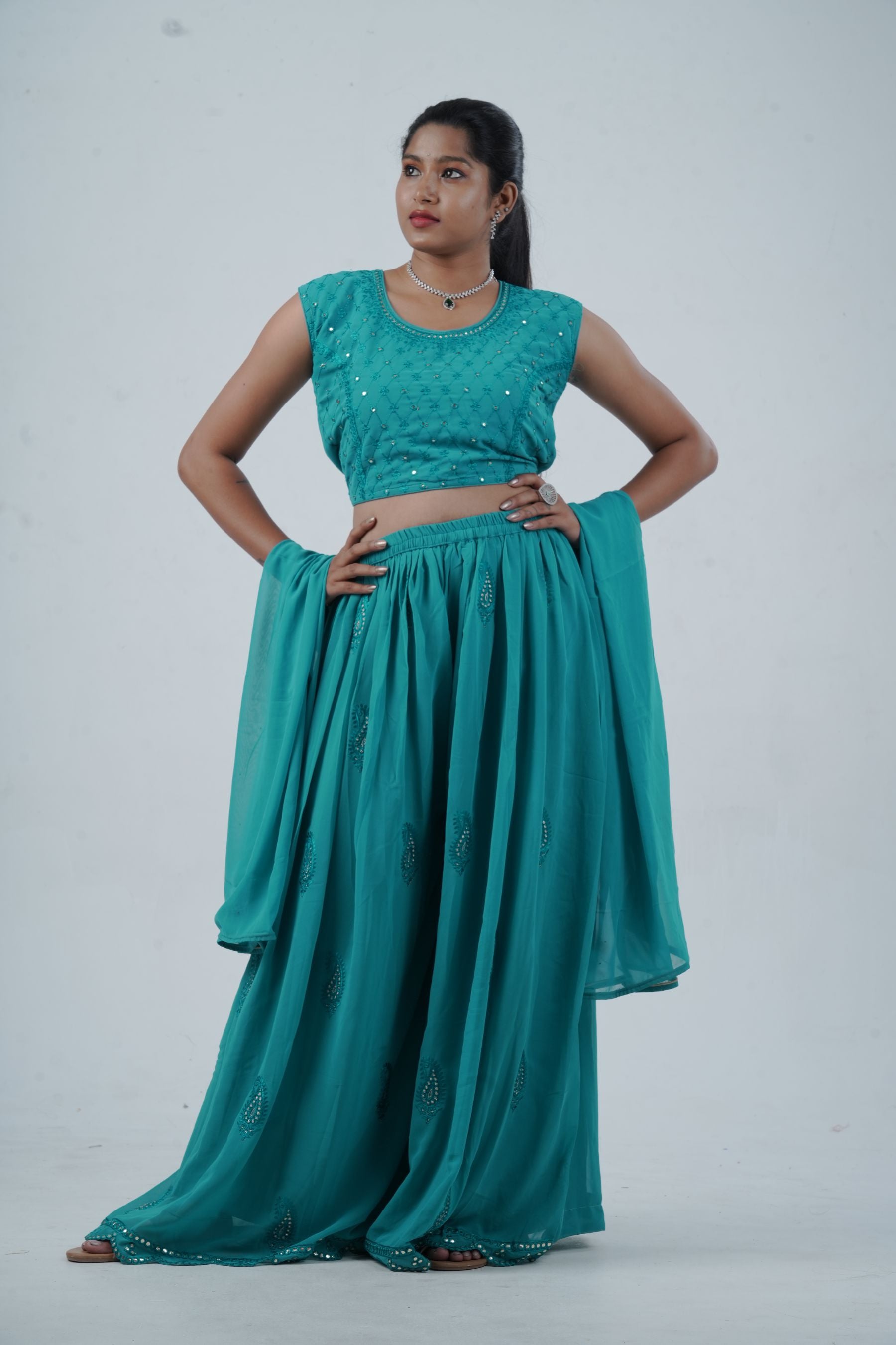 Exquisite Crop Top with Palazzo Pants With Matching Dupatta and Overcoat KURTI JCS Fashions