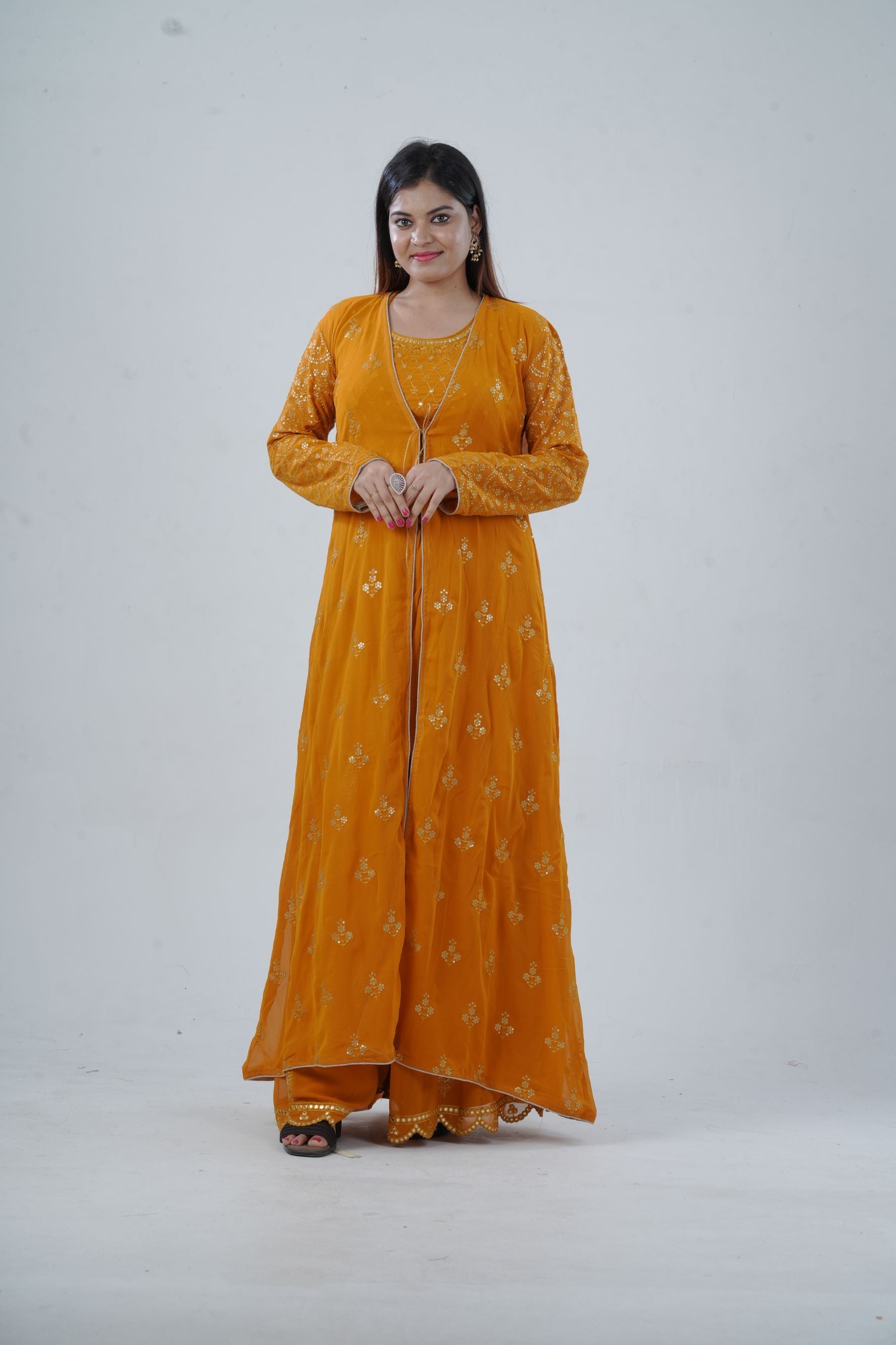 Modern Crop Top, Palazzo Pants & Elegant Overcoat Ensemble in Mustard Kurti JCS Fashions