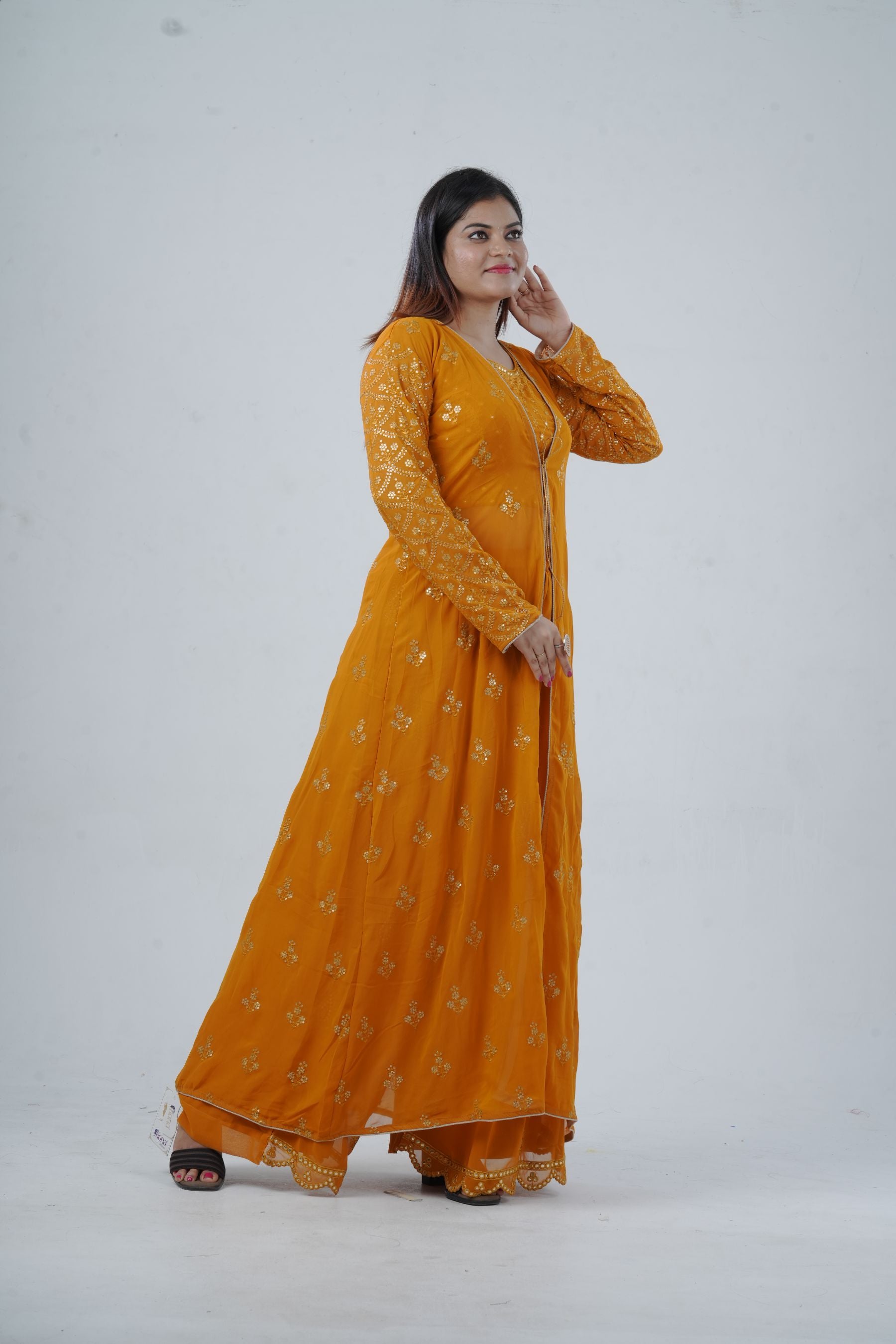 Modern Crop Top, Palazzo Pants & Elegant Overcoat Ensemble in Mustard Kurti JCS Fashions