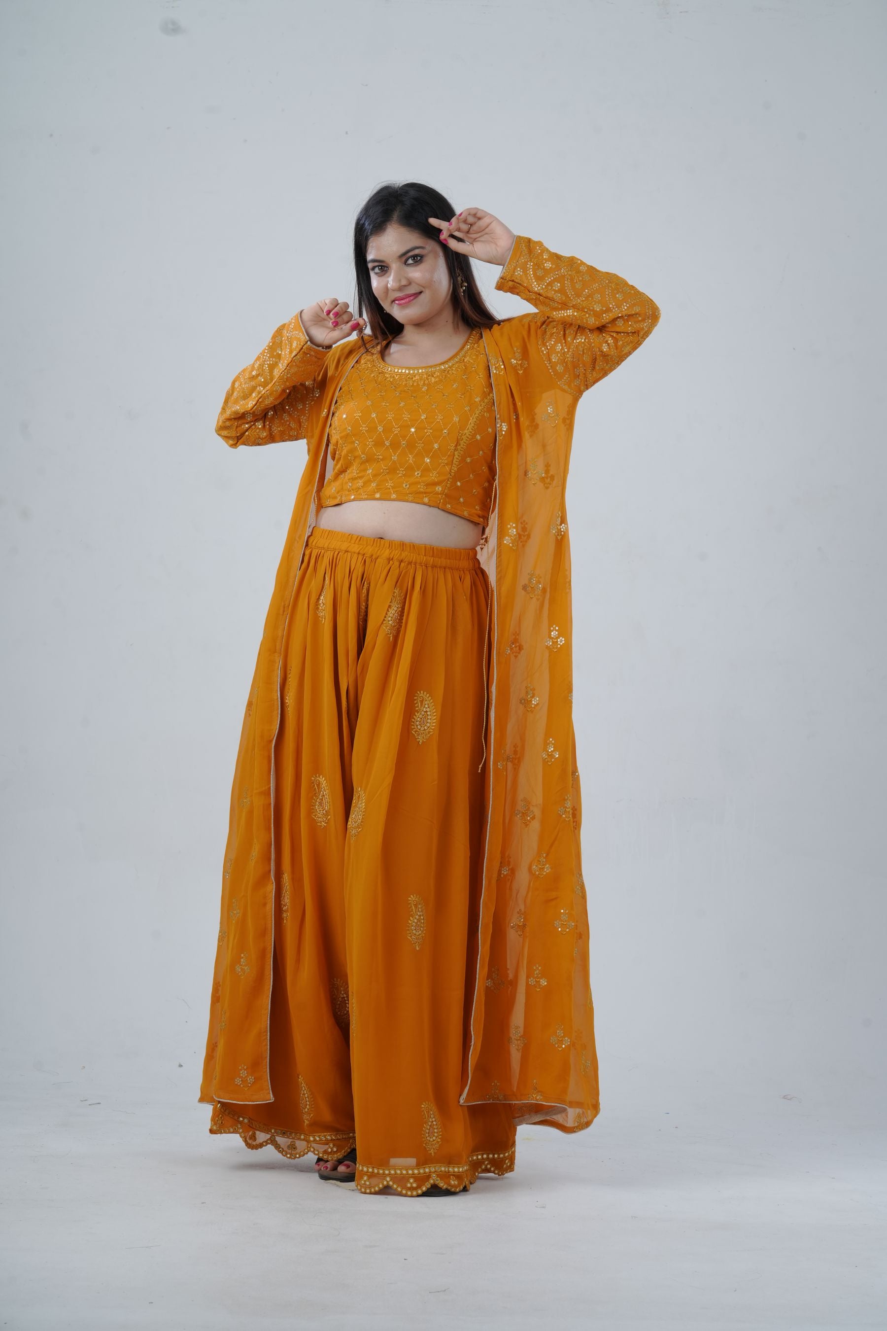 Modern Crop Top, Palazzo Pants & Elegant Overcoat Ensemble in Mustard Kurti JCS Fashions