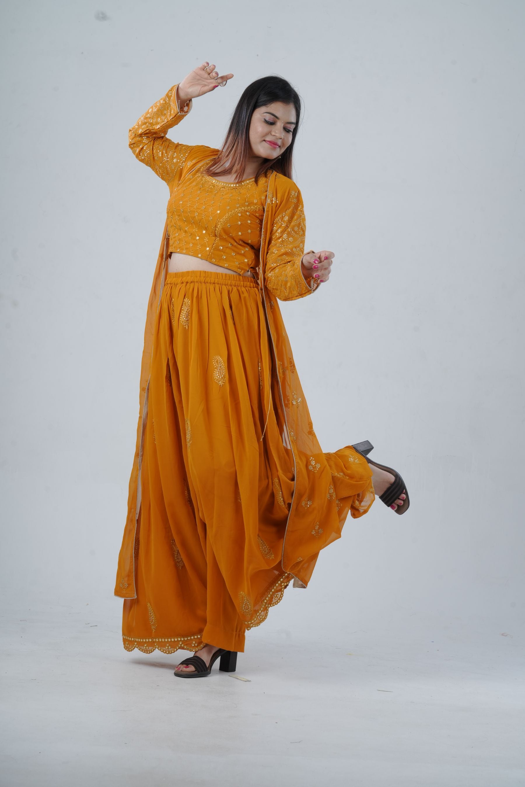 Modern Crop Top, Palazzo Pants & Elegant Overcoat Ensemble in Mustard Kurti JCS Fashions Mustard Small (36)