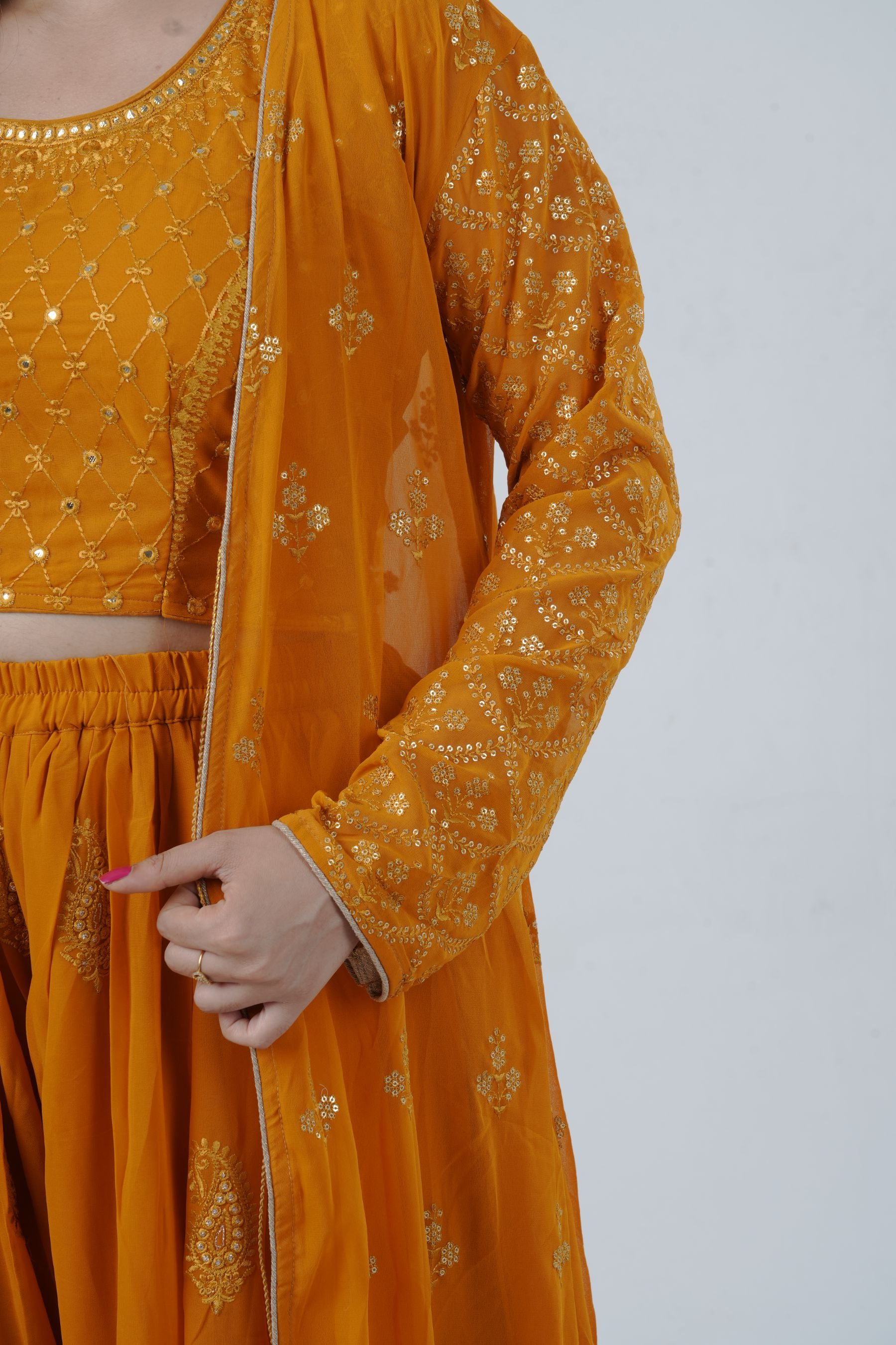 Modern Crop Top, Palazzo Pants & Elegant Overcoat Ensemble in Mustard Kurti JCS Fashions