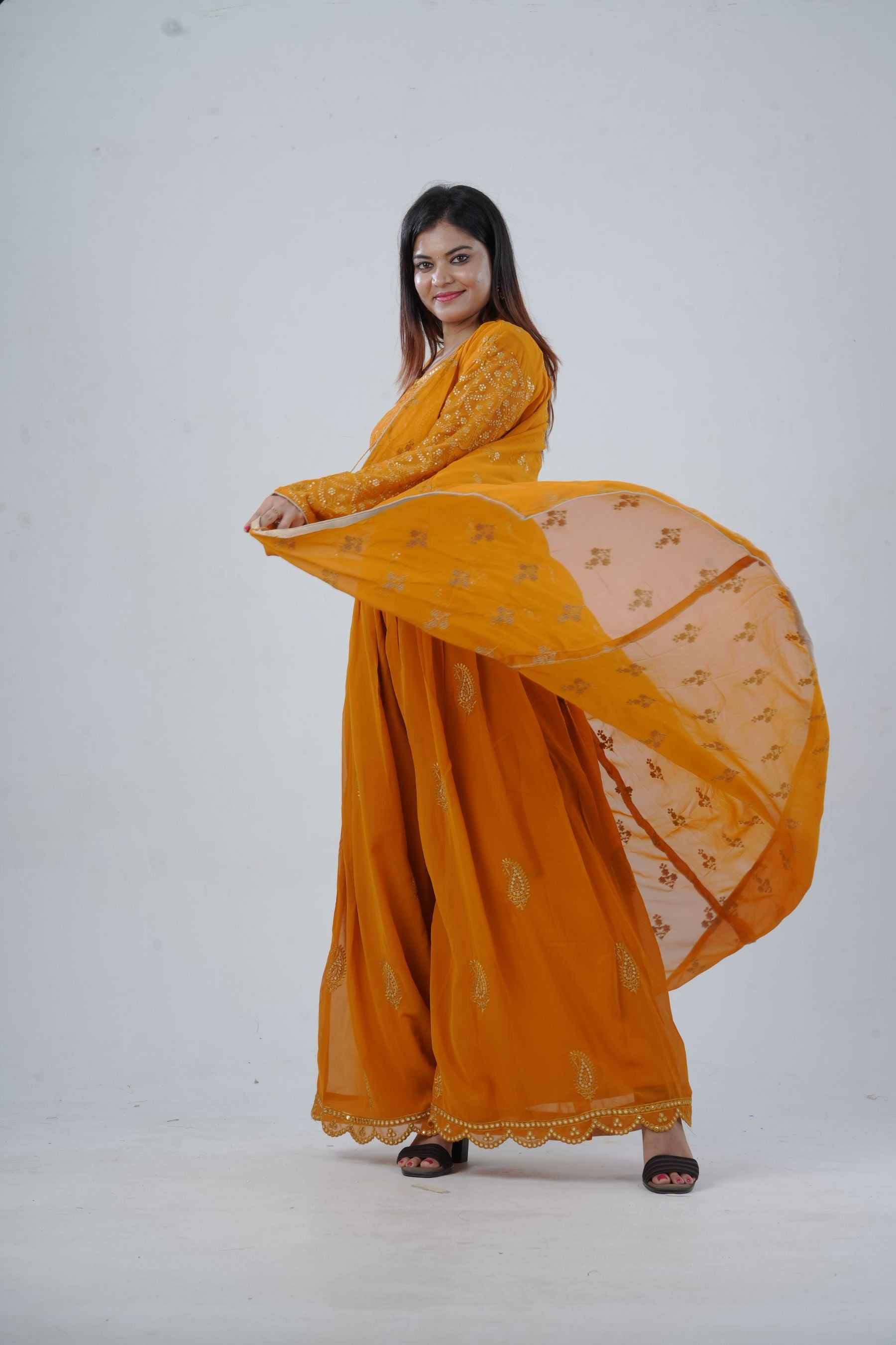 Modern Crop Top, Palazzo Pants & Elegant Overcoat Ensemble in Mustard Kurti JCS Fashions