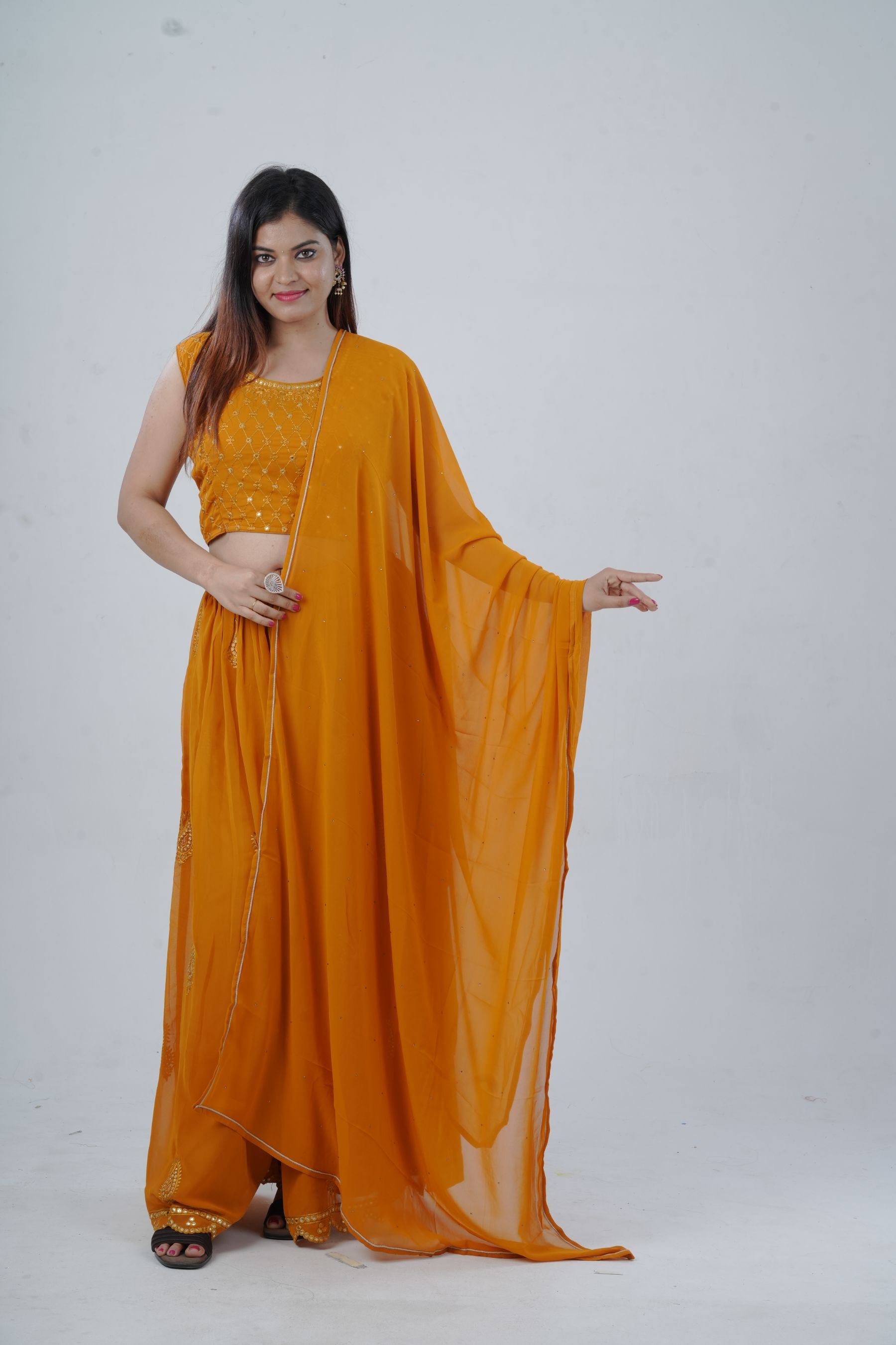 Modern Crop Top, Palazzo Pants & Elegant Overcoat Ensemble in Mustard Kurti JCS Fashions