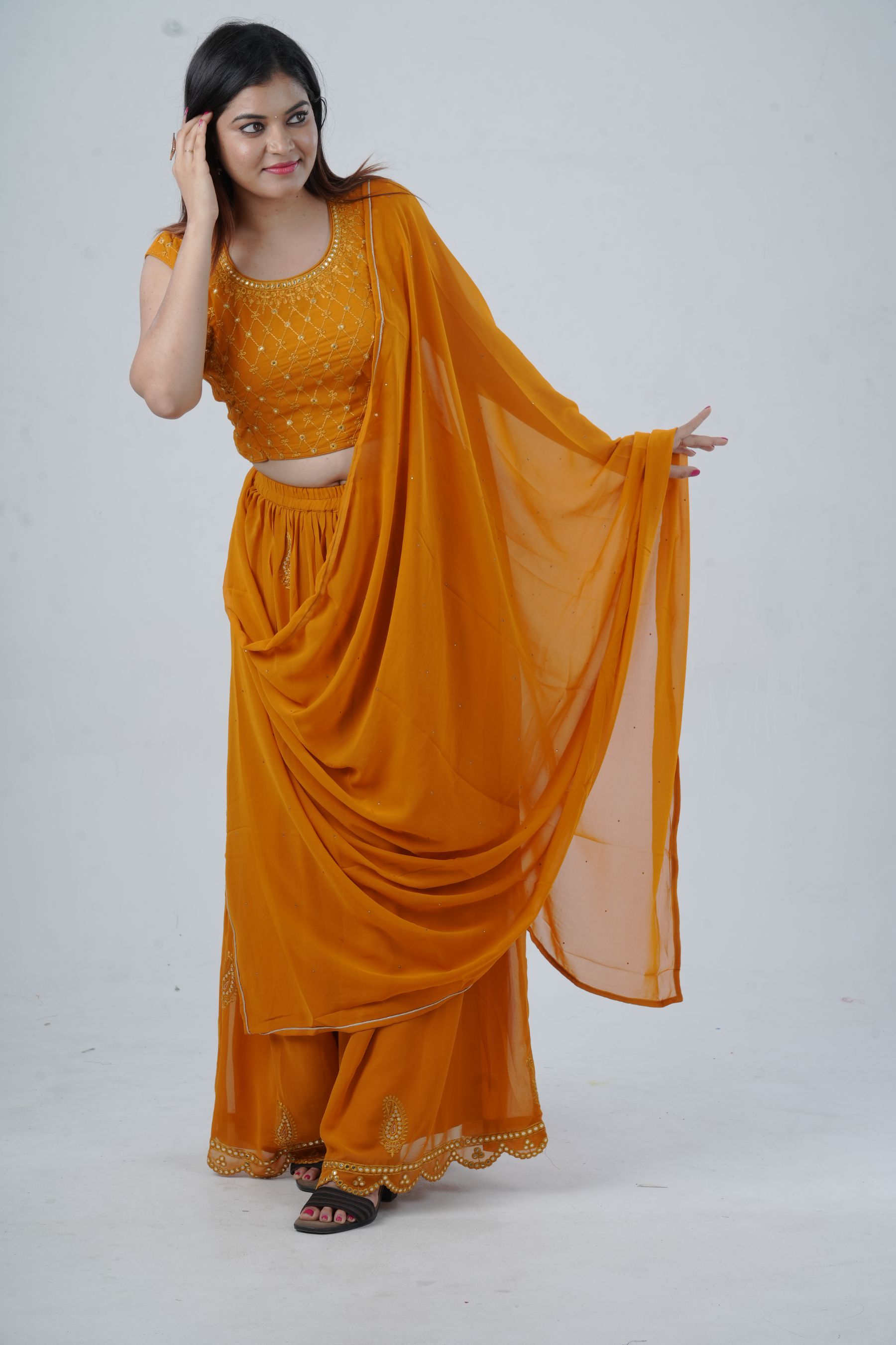 Modern Crop Top, Palazzo Pants & Elegant Overcoat Ensemble in Mustard Kurti JCS Fashions