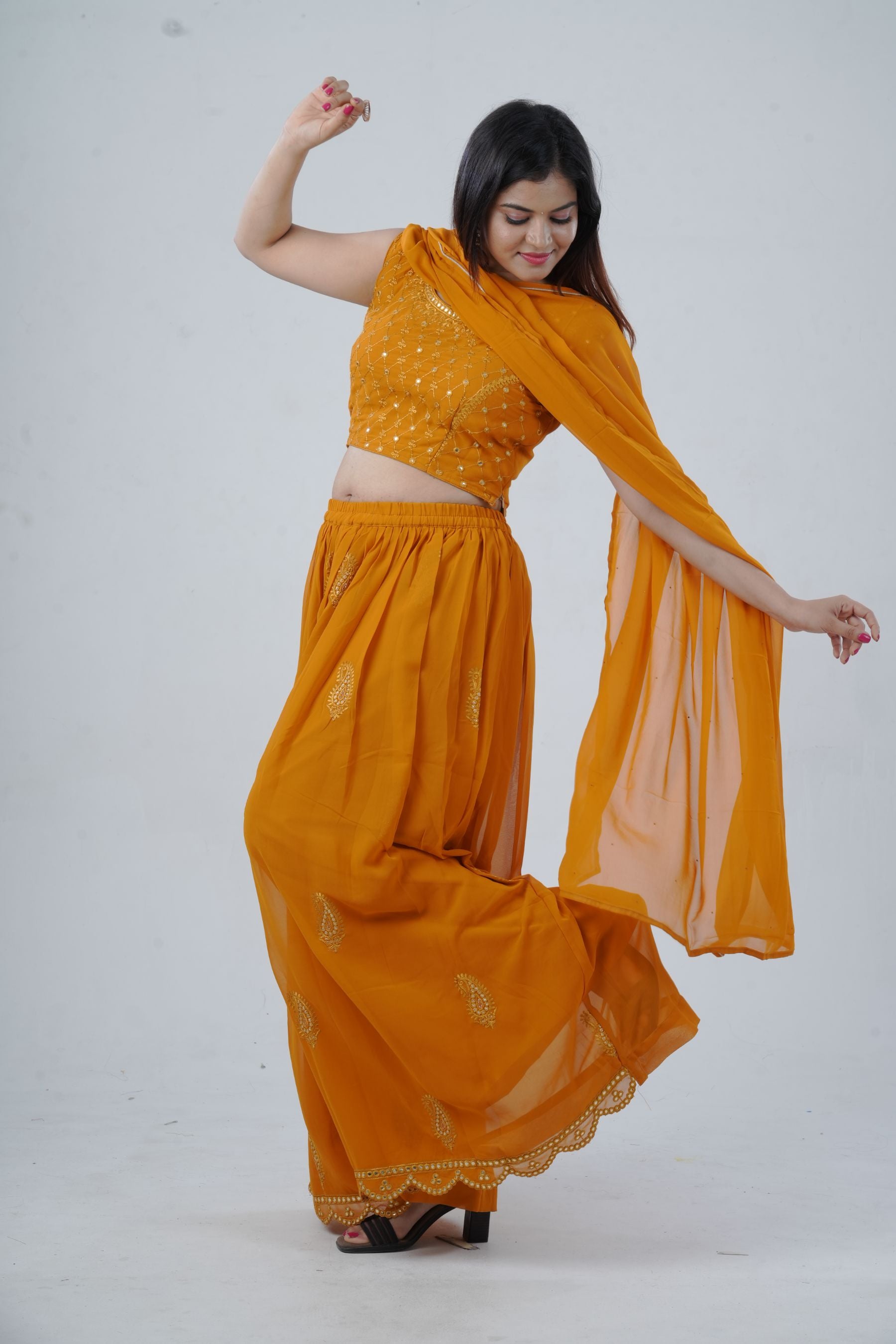 Modern Crop Top, Palazzo Pants & Elegant Overcoat Ensemble in Mustard Kurti JCS Fashions