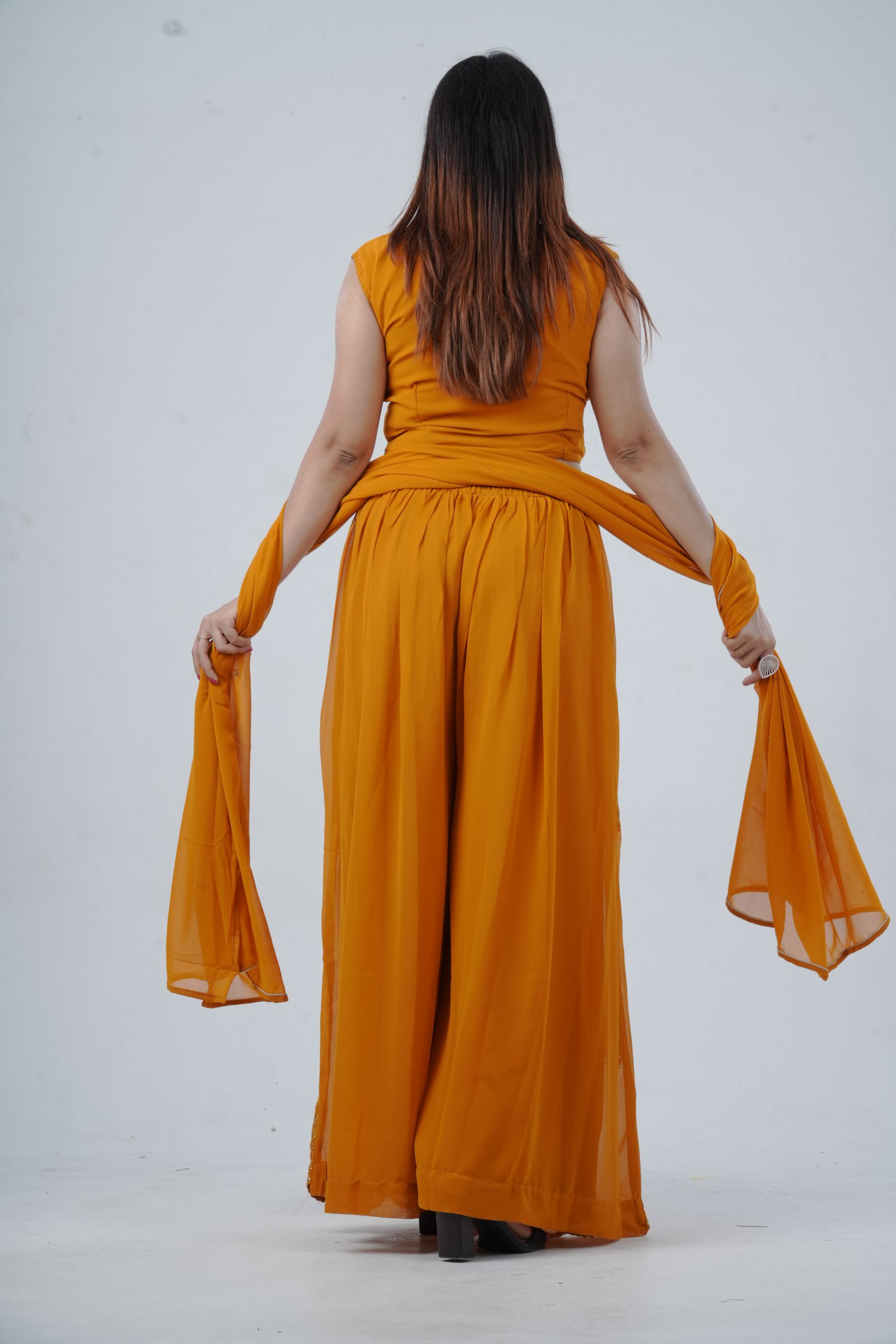 Modern Crop Top, Palazzo Pants & Elegant Overcoat Ensemble in Mustard Kurti JCS Fashions