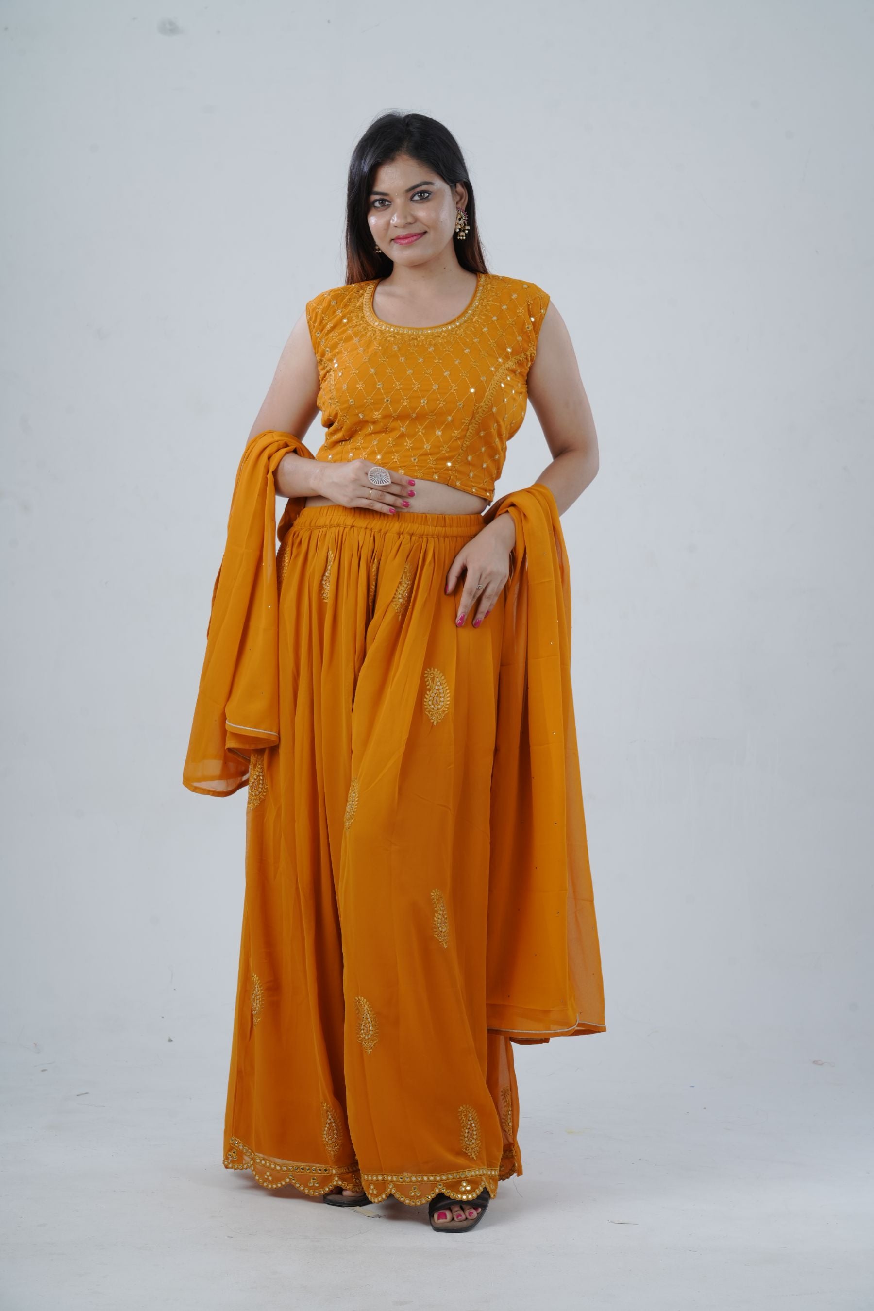 Modern Crop Top, Palazzo Pants & Elegant Overcoat Ensemble in Mustard Kurti JCS Fashions