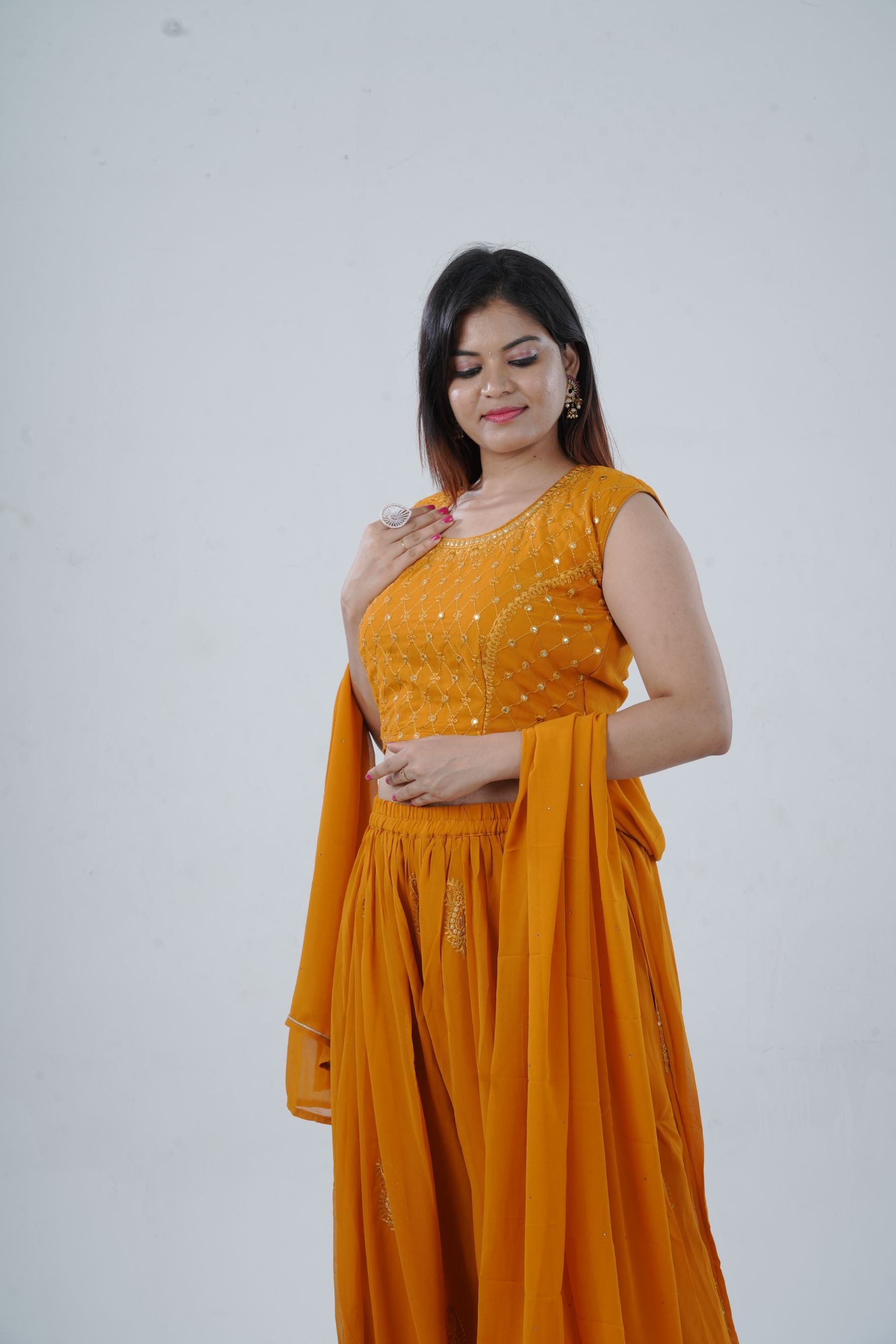 Modern Crop Top, Palazzo Pants & Elegant Overcoat Ensemble in Mustard Kurti JCS Fashions