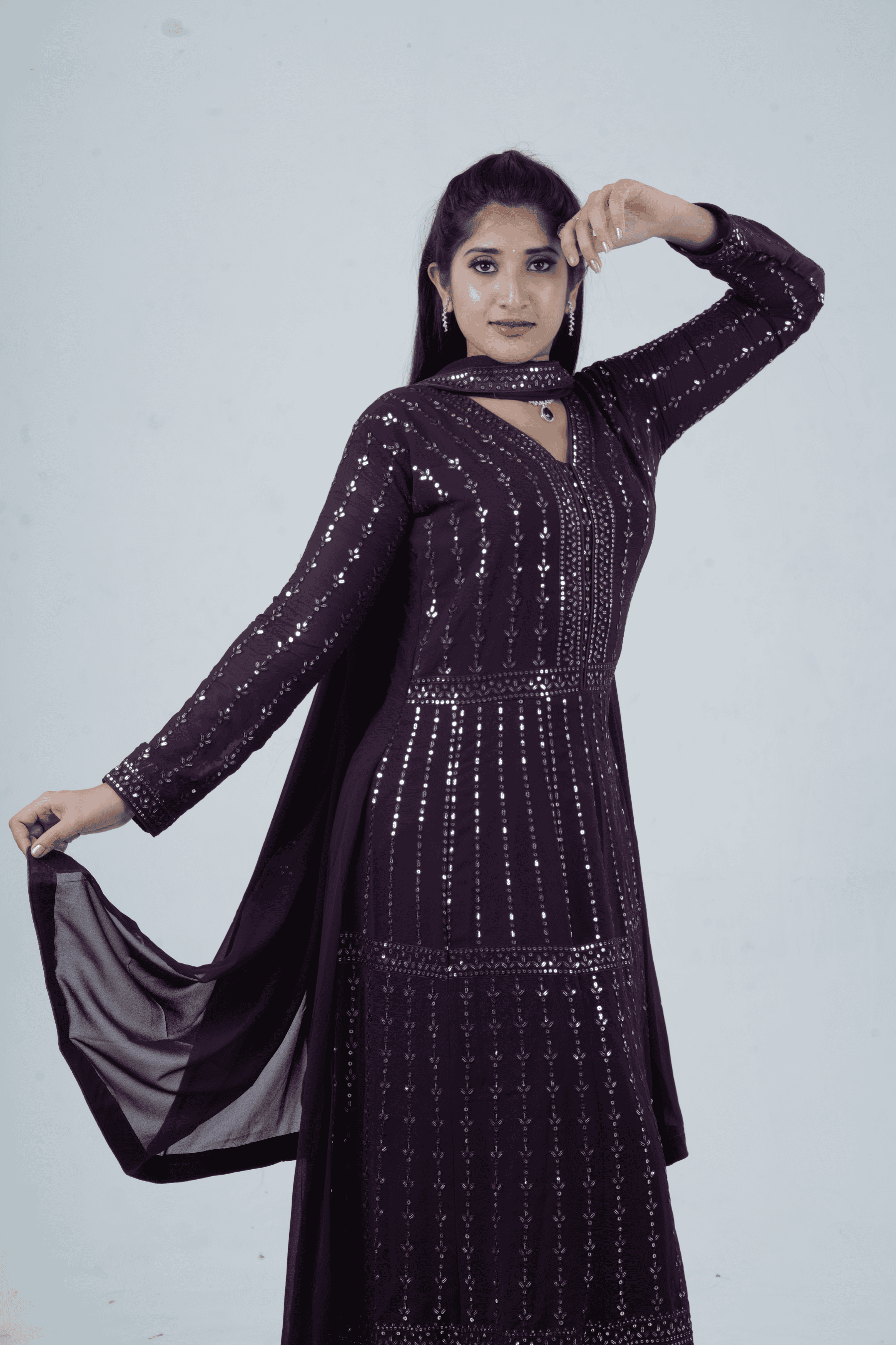 Luxurious Embroidered Georgette Kurti Gown with Sequin Accents KURTI JCS Fashions Deep Purple Medium (38)