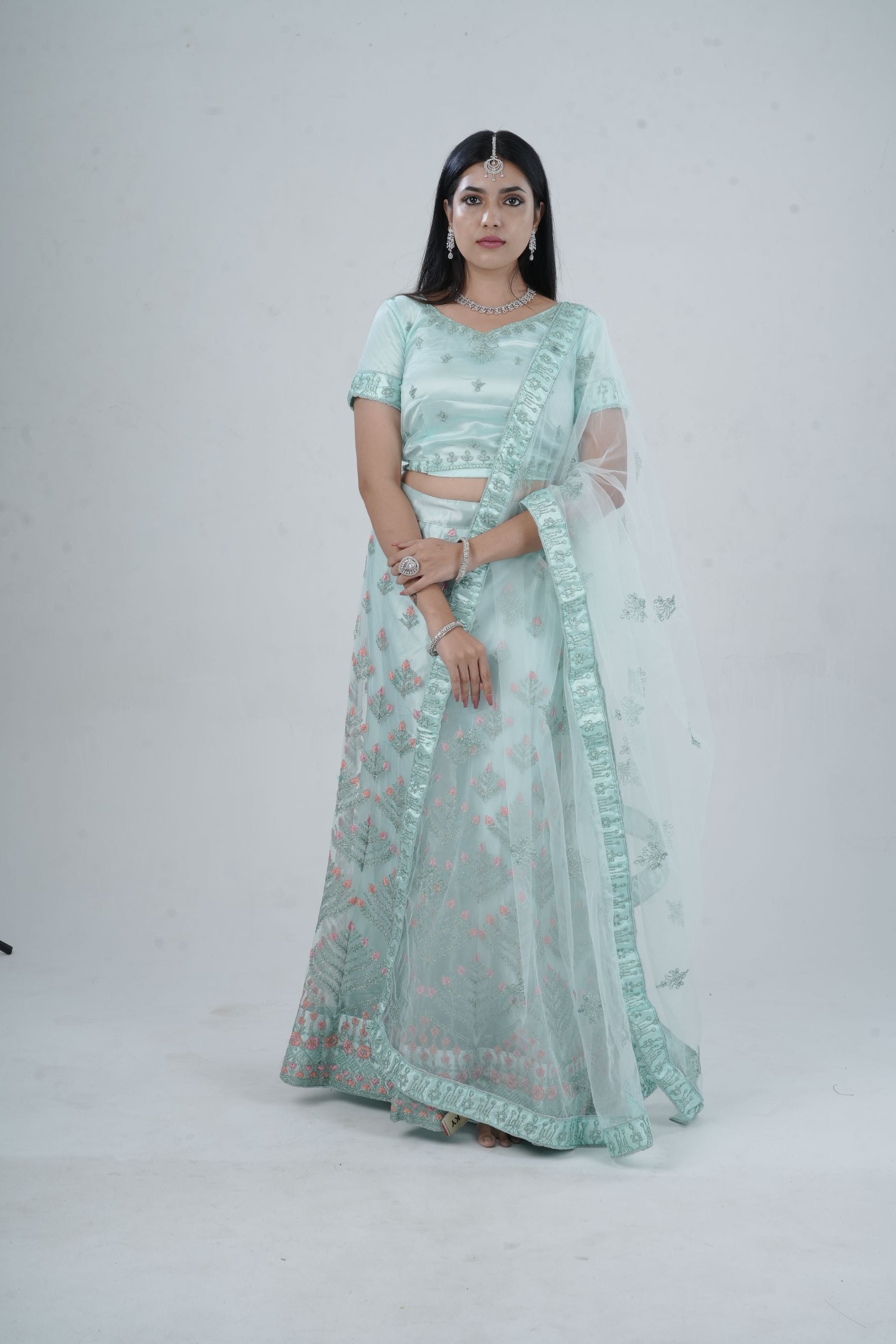 Mesmerizing Soft Net A-Line Lehenga Set: Glitter Embroidery