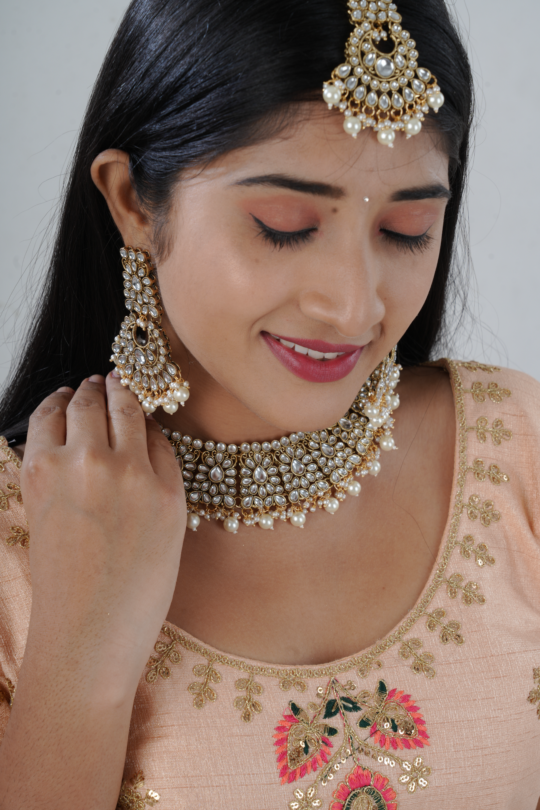 Opulent Kundan Neckset with Pearl Dangles and Tikka by JCS Fashions Jewelry JCS Fashions