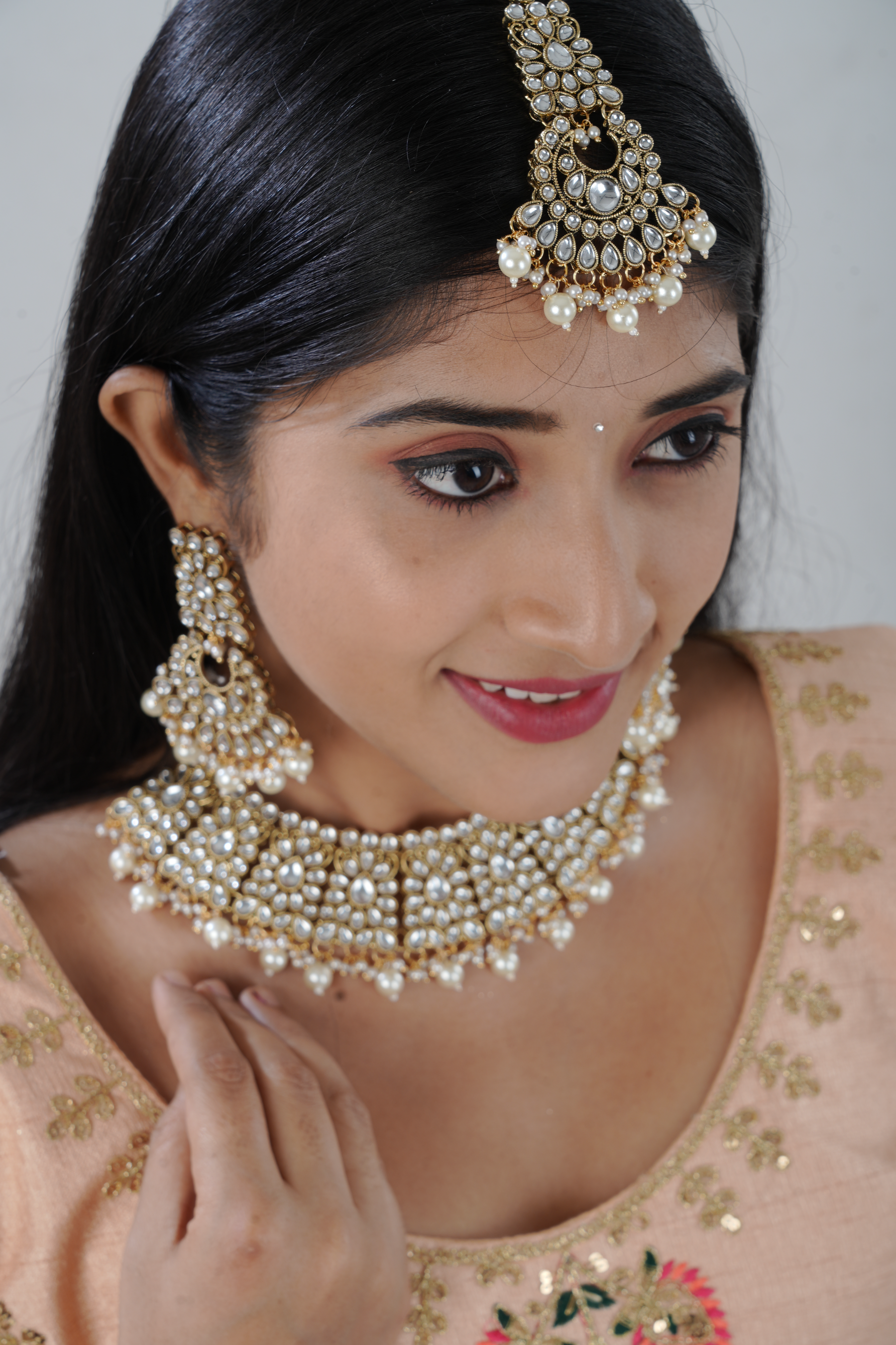 Opulent Kundan Neckset with Pearl Dangles and Tikka by JCS Fashions Jewelry JCS Fashions White free size