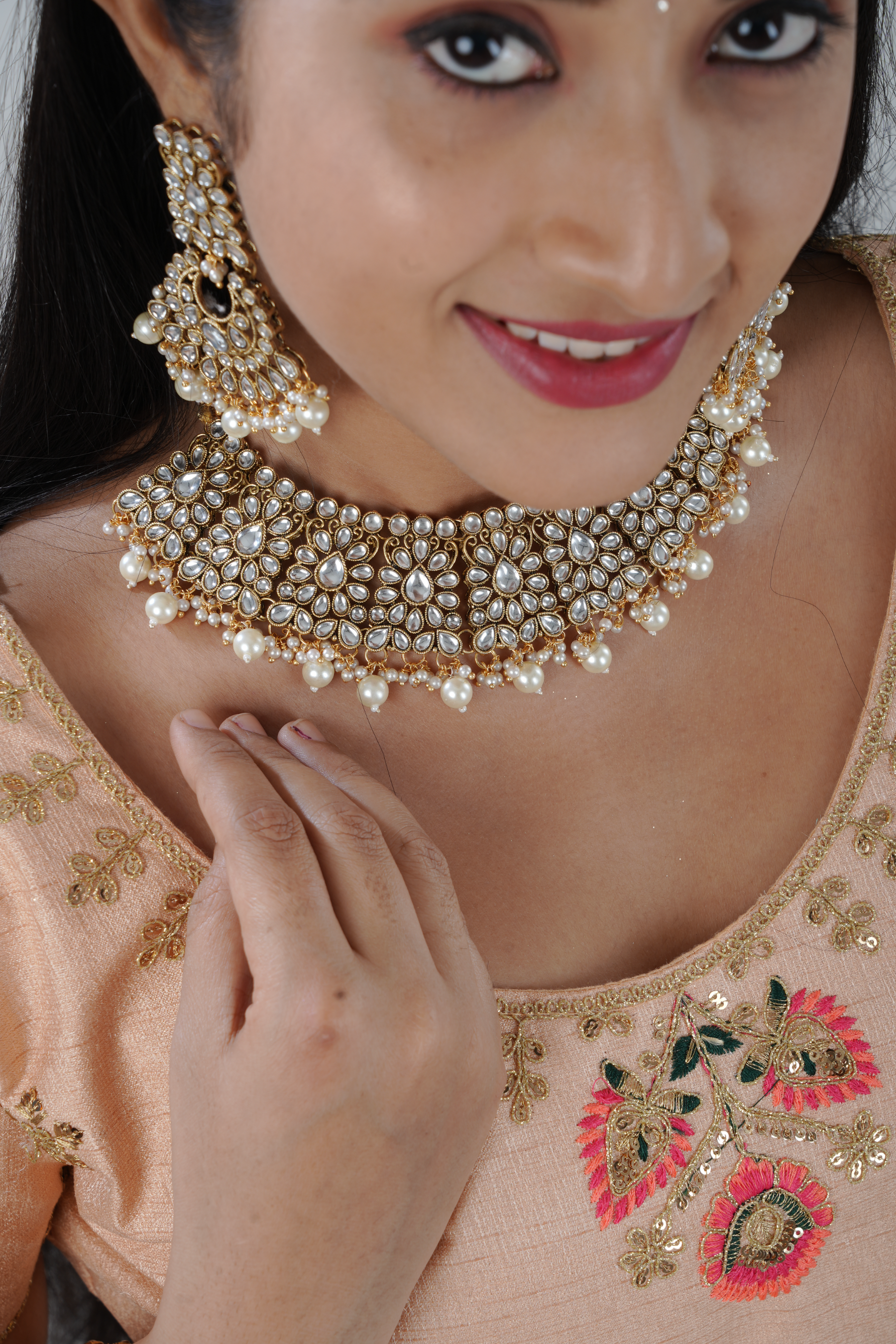 Opulent Kundan Neckset with Pearl Dangles and Tikka by JCS Fashions Jewelry JCS Fashions