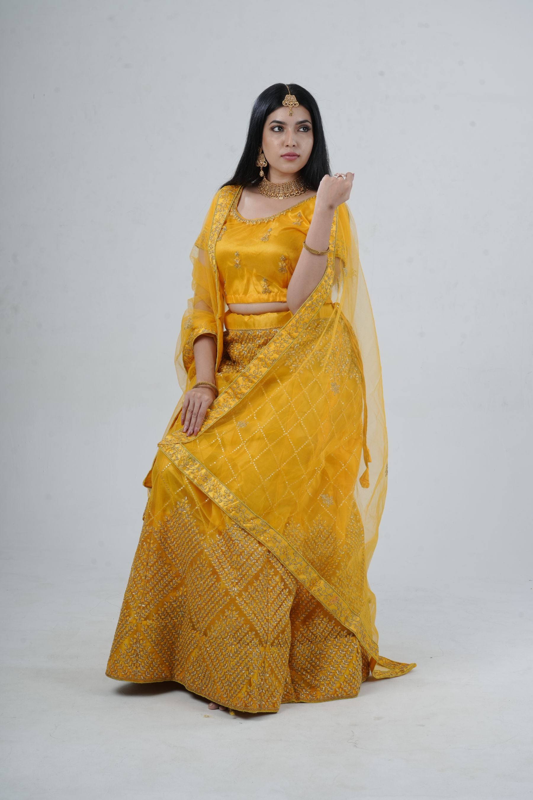 Elegant Designer Lehenga with Embroidery and Sparkling Sequins Detail LEHENGA JCS Fashions Mustard Yellow Large (40)