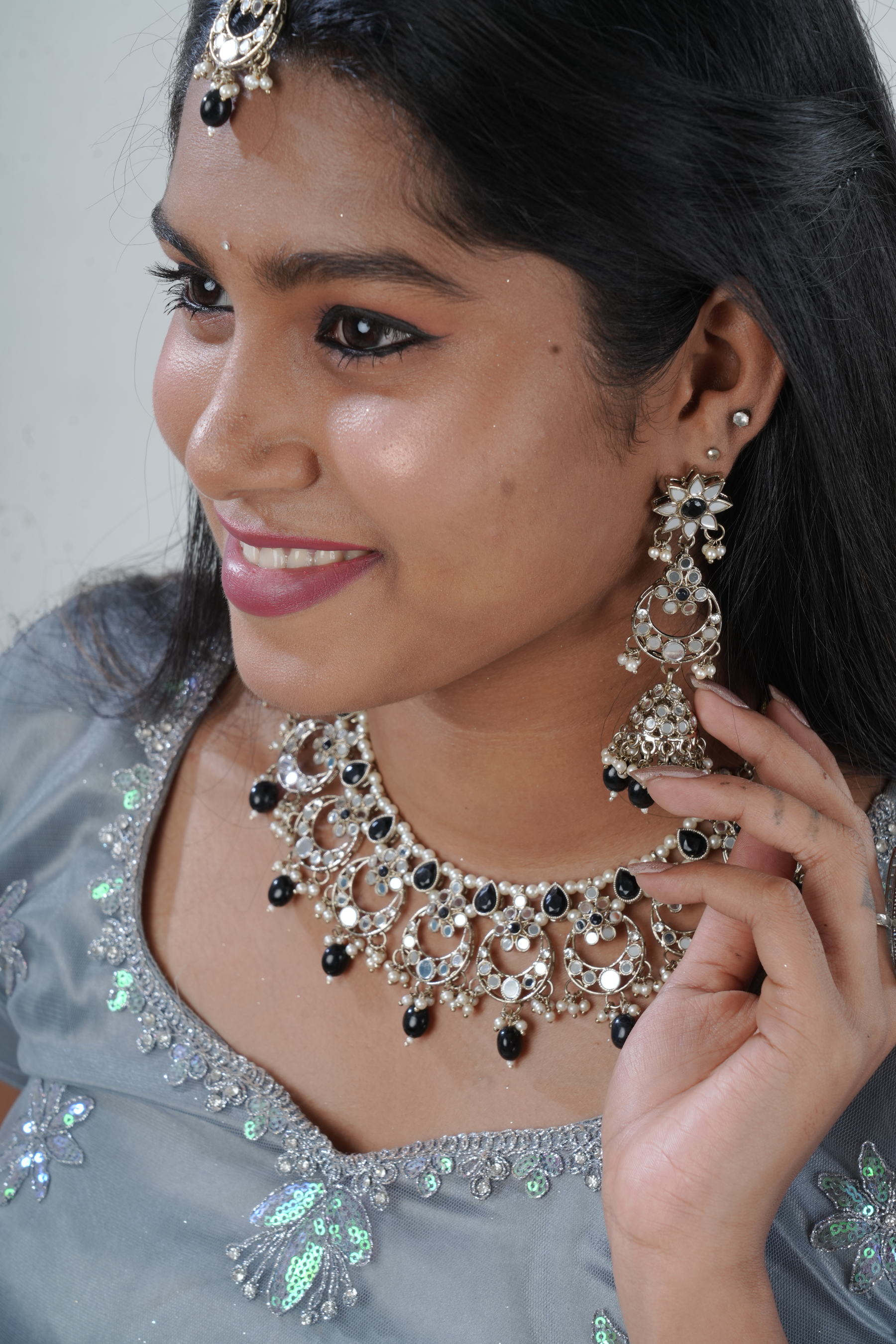 Elegant Mirror & Bead Work Neckset with Pearl Details & Matching Jhumka Jewelry JCS Fashions