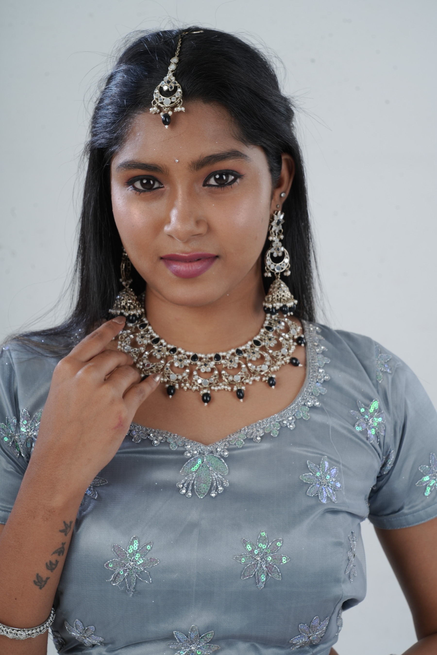 Elegant Mirror & Bead Work Neckset with Pearl Details & Matching Jhumka Jewelry JCS Fashions