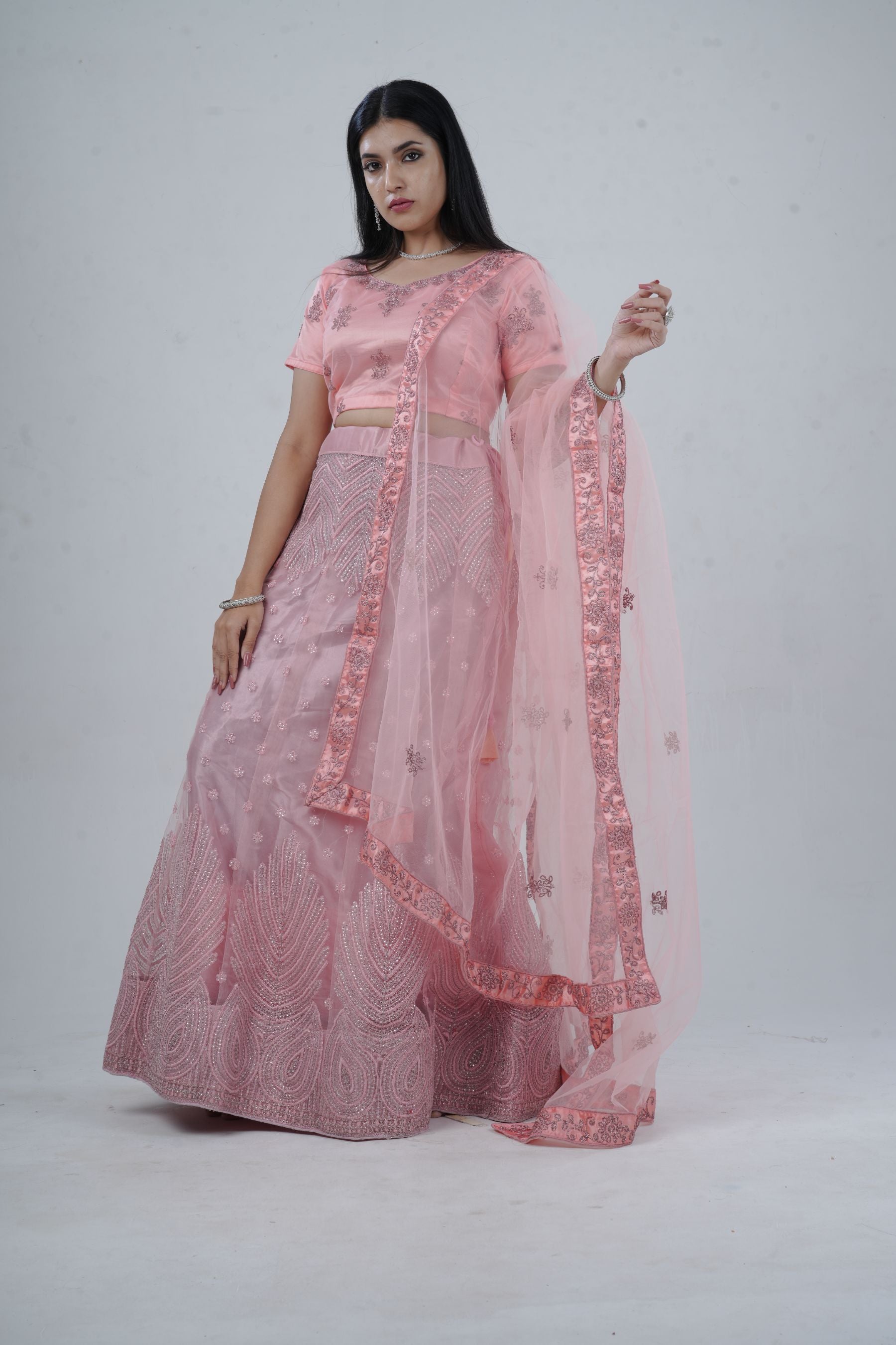 Elegant Soft-Net Lehenga Set with Sequins Embroidered Crop Top LEHENGA JCS Fashions Large (40) Baby Pink