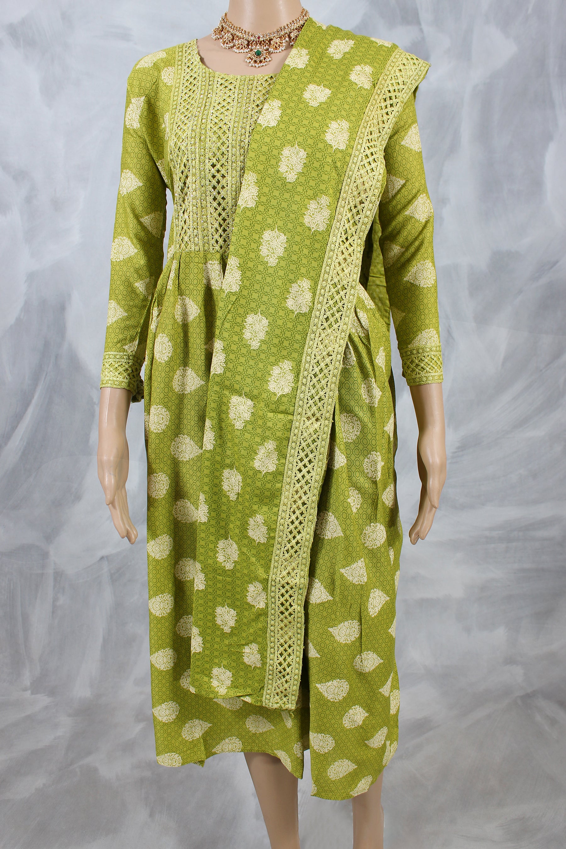 Elegant 2-Piece Cotton Anarkali Kurti With Embroidery - Alluring Ethnic KURTI JCS Fashions Yellow Green X-Large (42)