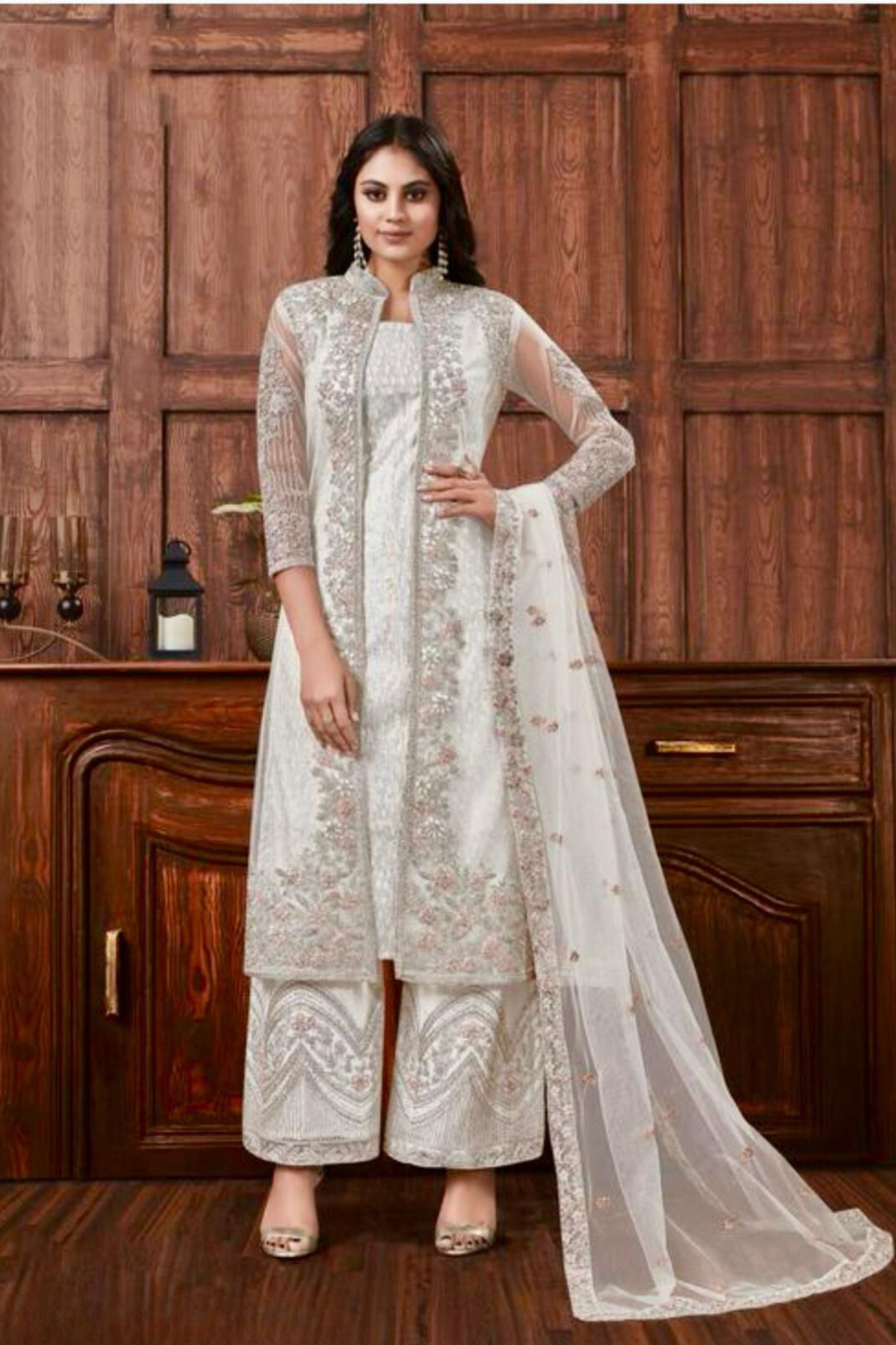 Glittering Embroidered Salwar Suit with Sequins and Net Dupatta KURTI JCS Fashions White X-Large (42)