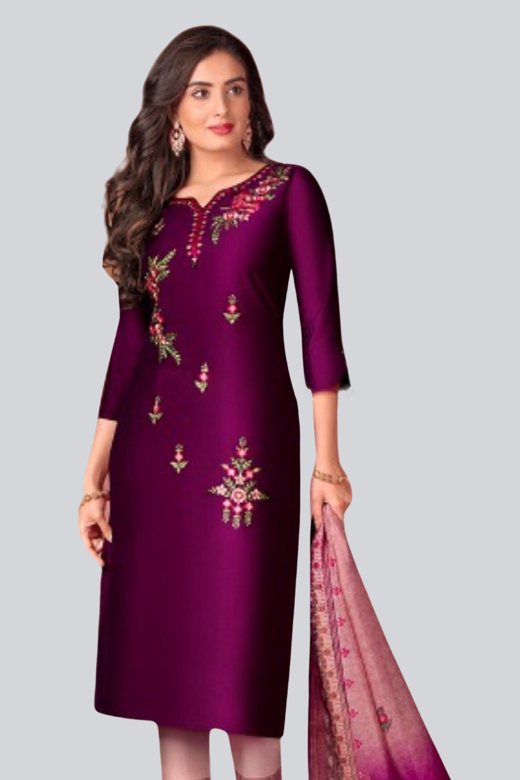 Embroidered Salwar Set with Silk Top, Pant and Dupatta KURTI JCS Fashions Wine Medium (38)