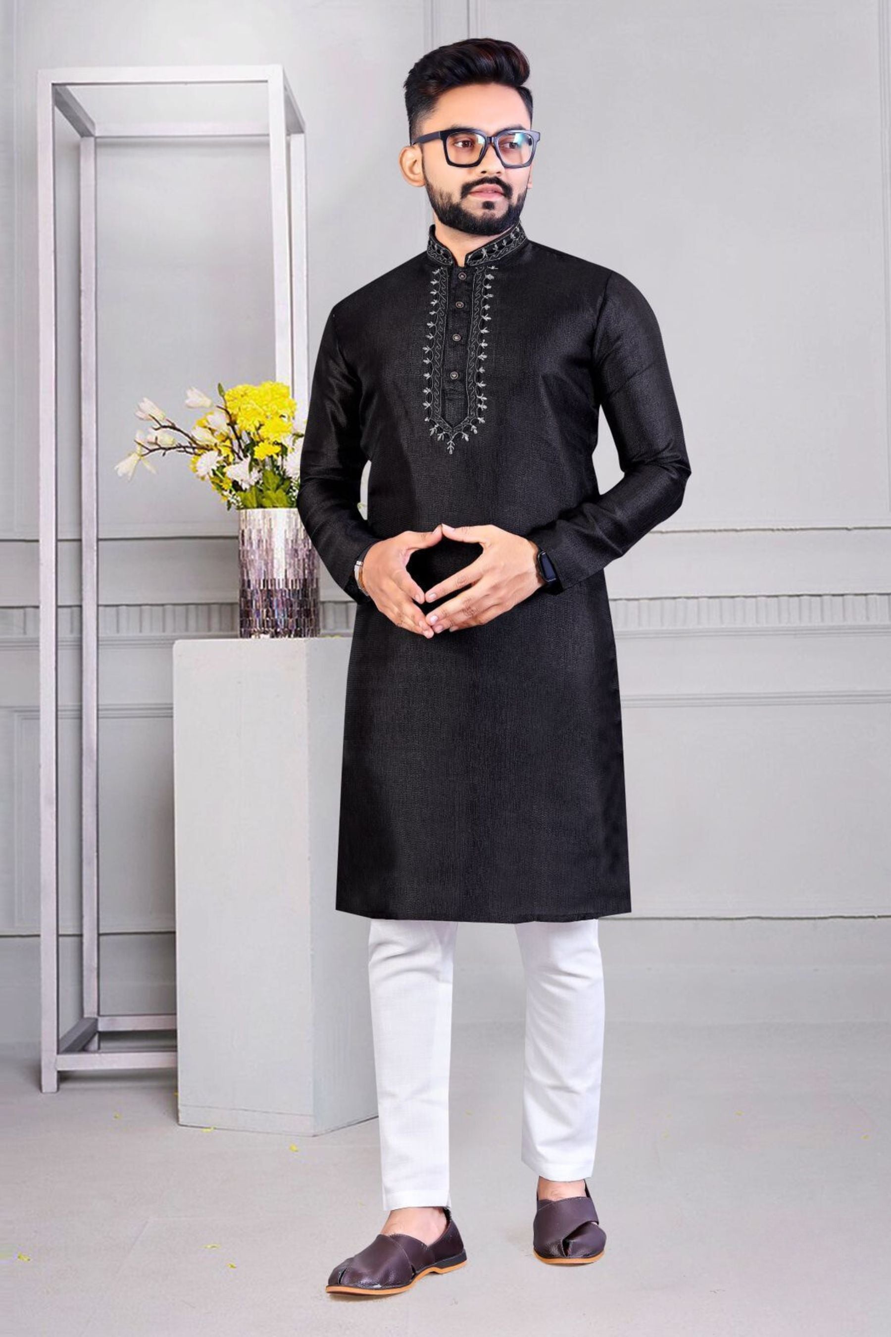 Black Color Chanderi Silk Kurta Set For Men | JCS Fashions