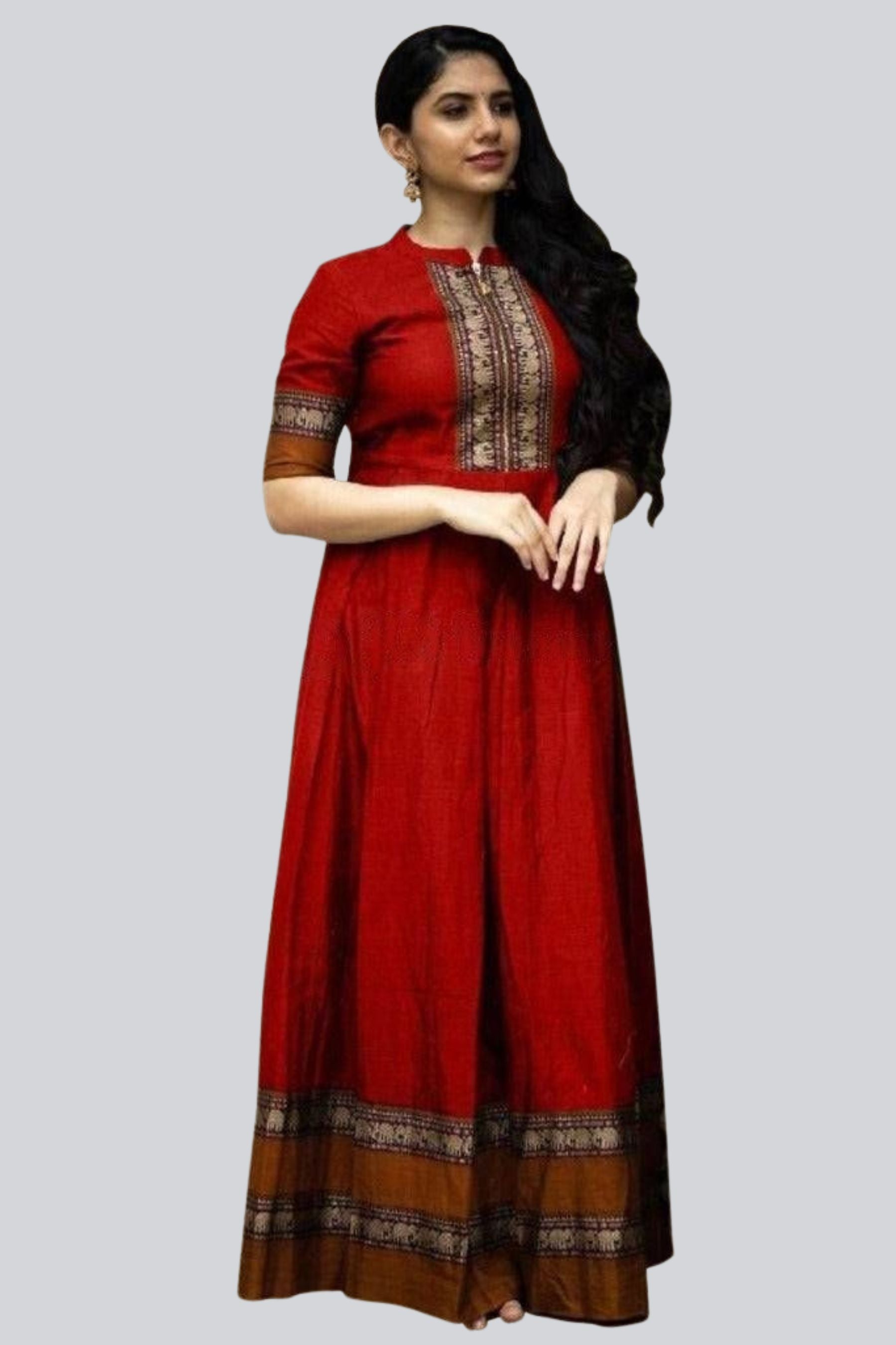 Long pleated flare Cotton Indian Traditional Gown with elephant border Kurti JCS Fashions Maroon Medium (38)