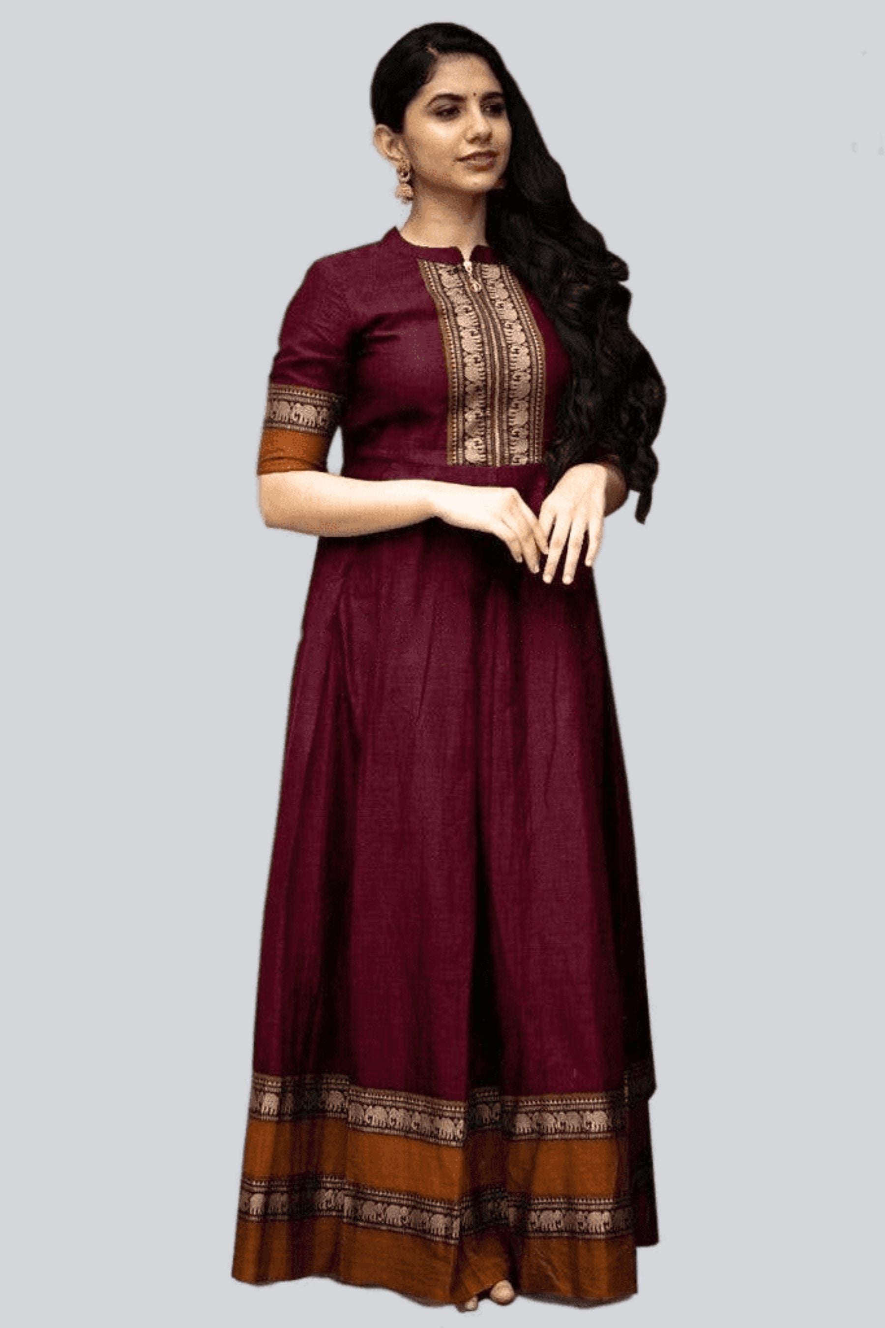 Indo Western Pleated Burgundy Cotton Gown with Elephant Border Kurti JCS Fashions Burgundy Medium (38)