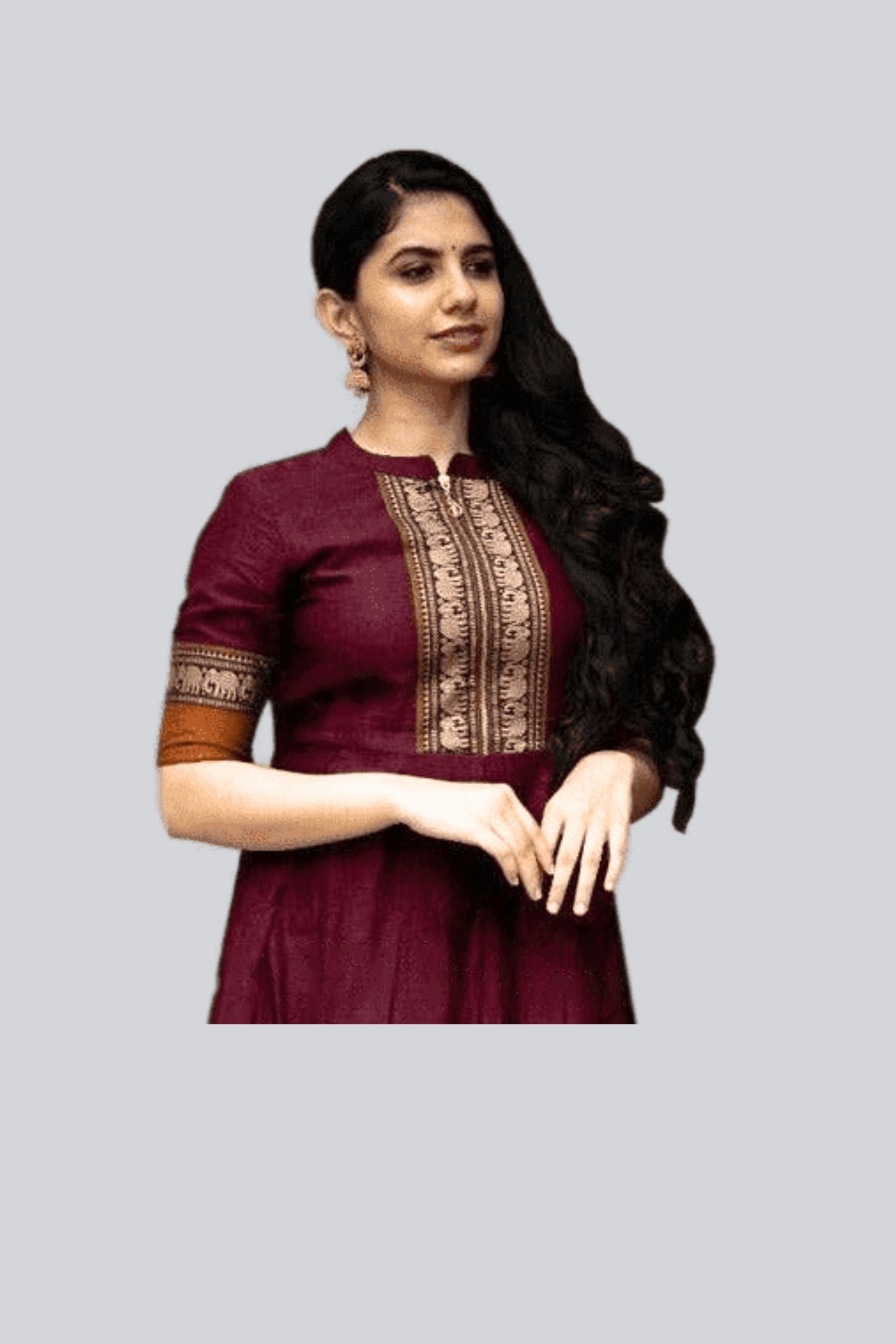 Indo Western Pleated Burgundy Cotton Gown with Elephant Border