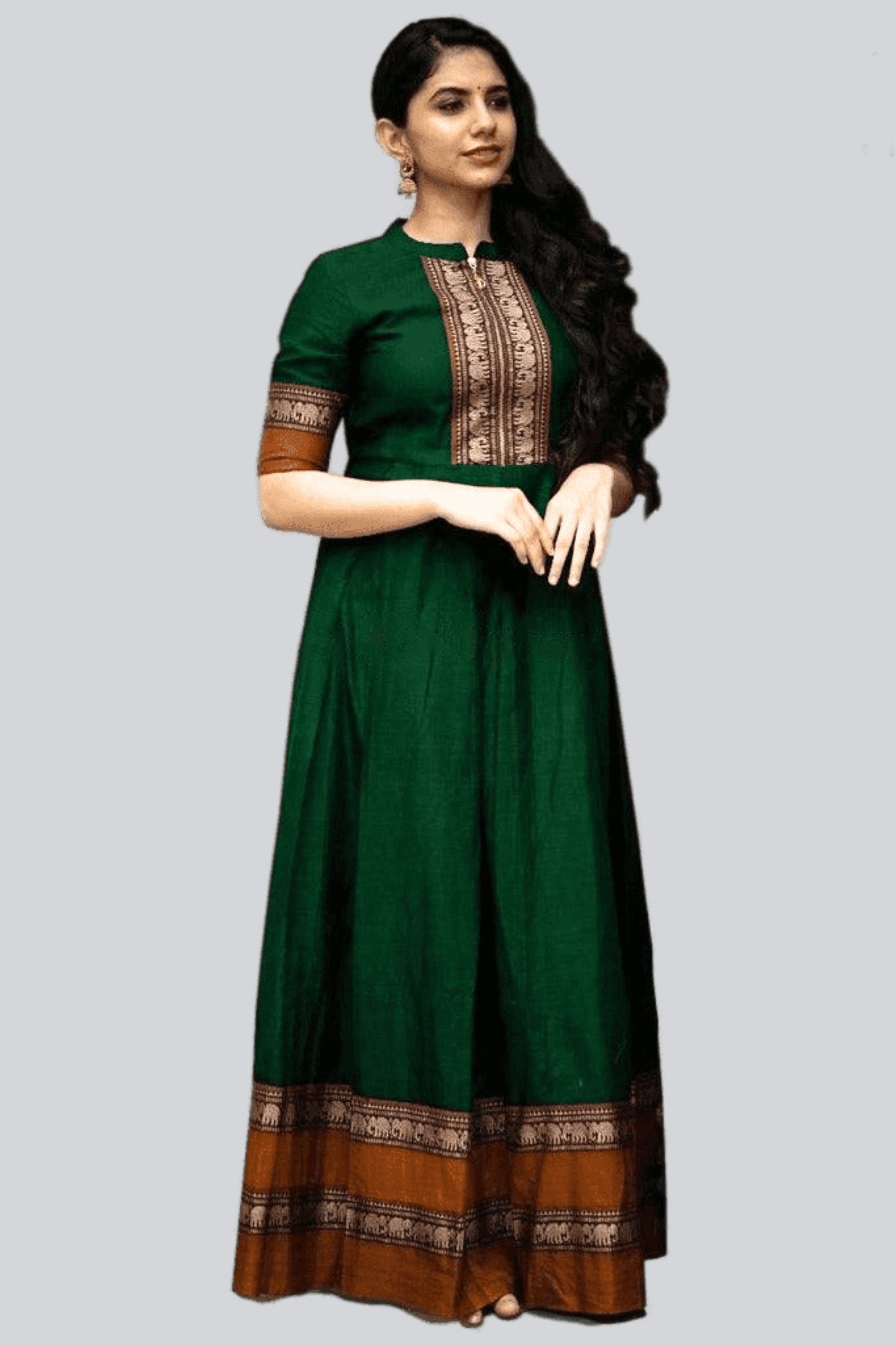 Modern Twist Green Cotton Gown with Elephant Border Kurti JCS Fashions Green Medium (38)