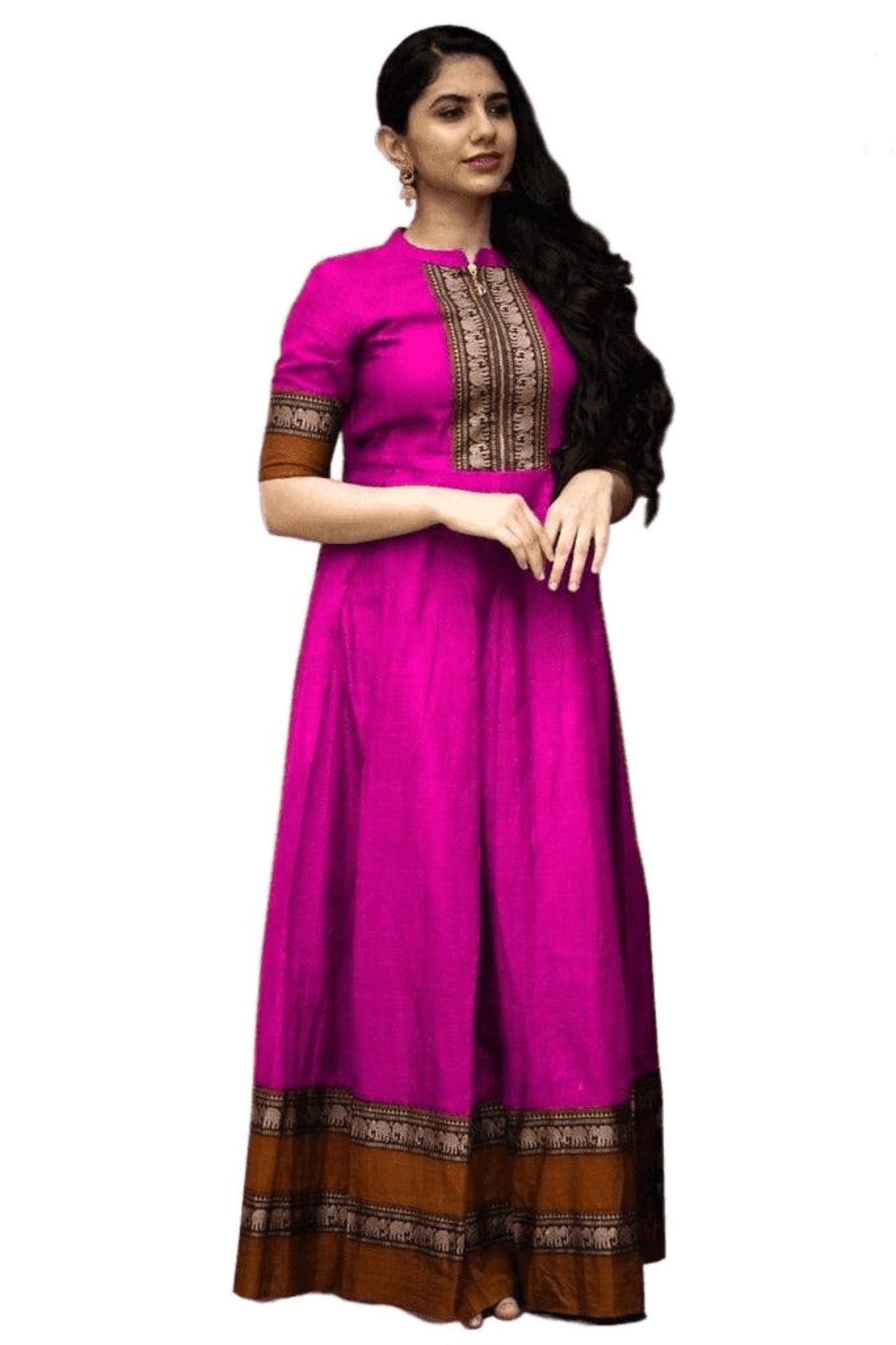 Long Pleated Flare Indian Cotton Gown in Pink with Elephant Border Kurti JCS Fashions Pink Medium (38)