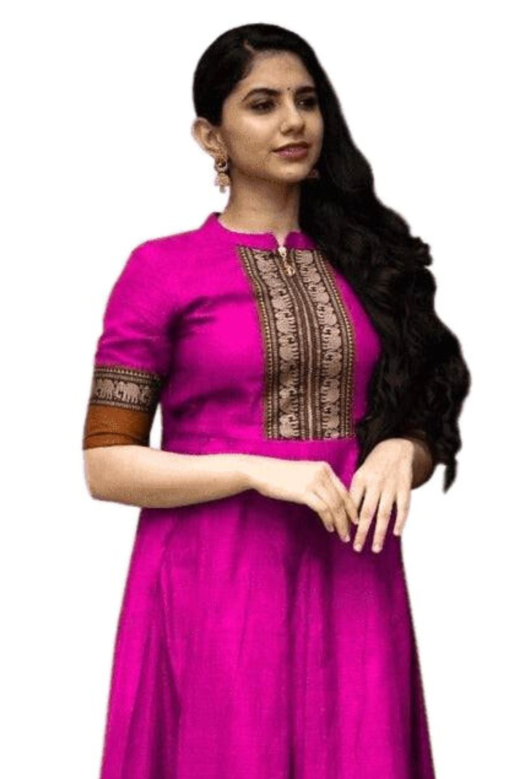 Long Pleated Flare Indian Cotton Gown in Pink with Elephant Border Kurti JCS Fashions